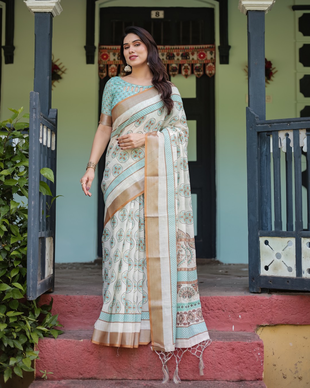 Elegant Floral Print Pure Cotton Linen Saree in Ivory with Multi-Color Florals and Tassels(Pack of 1)
