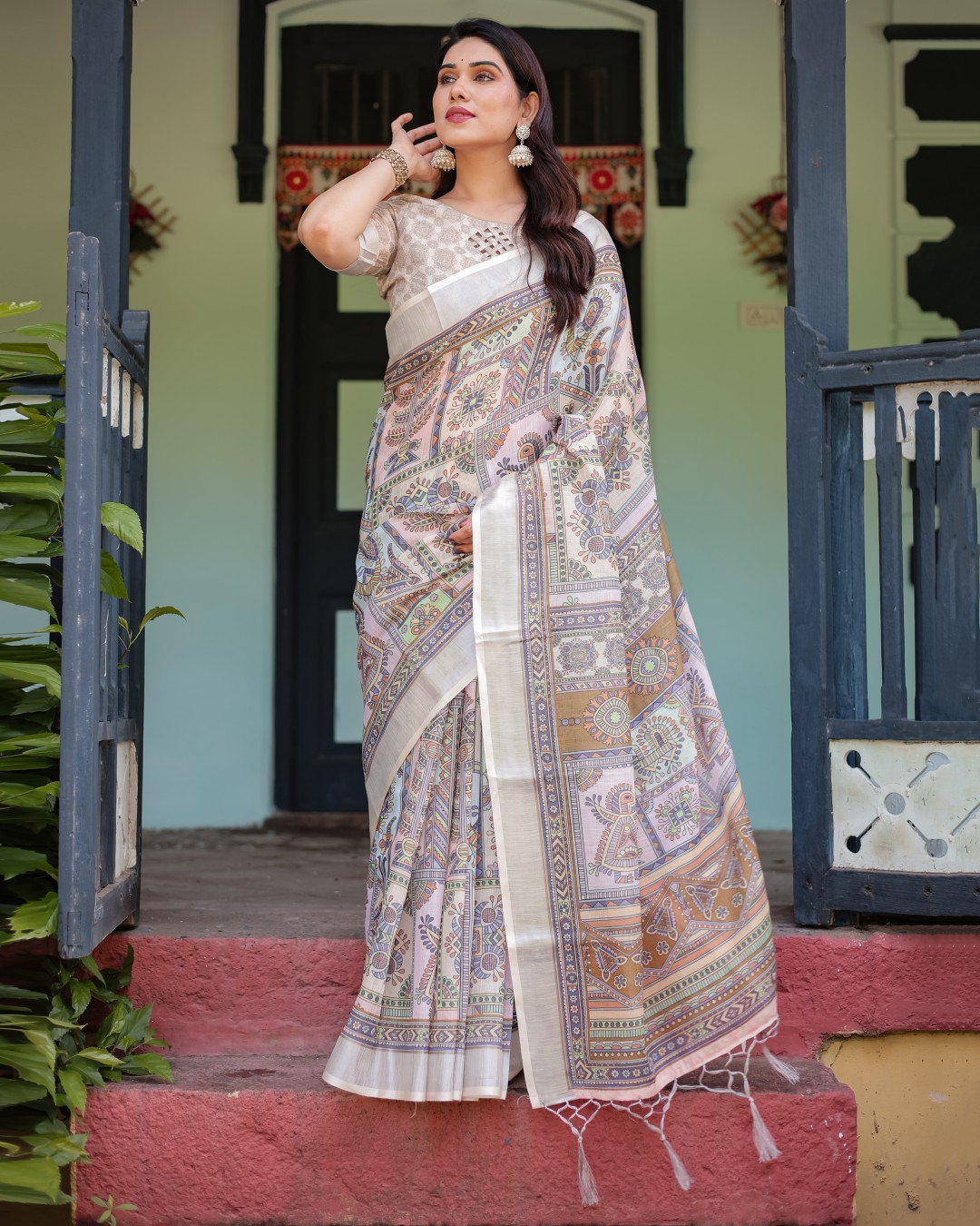 Elegant Floral Print Pure Cotton Linen Saree in Ivory with Multi-Color Florals and Tassels(Pack of 1)