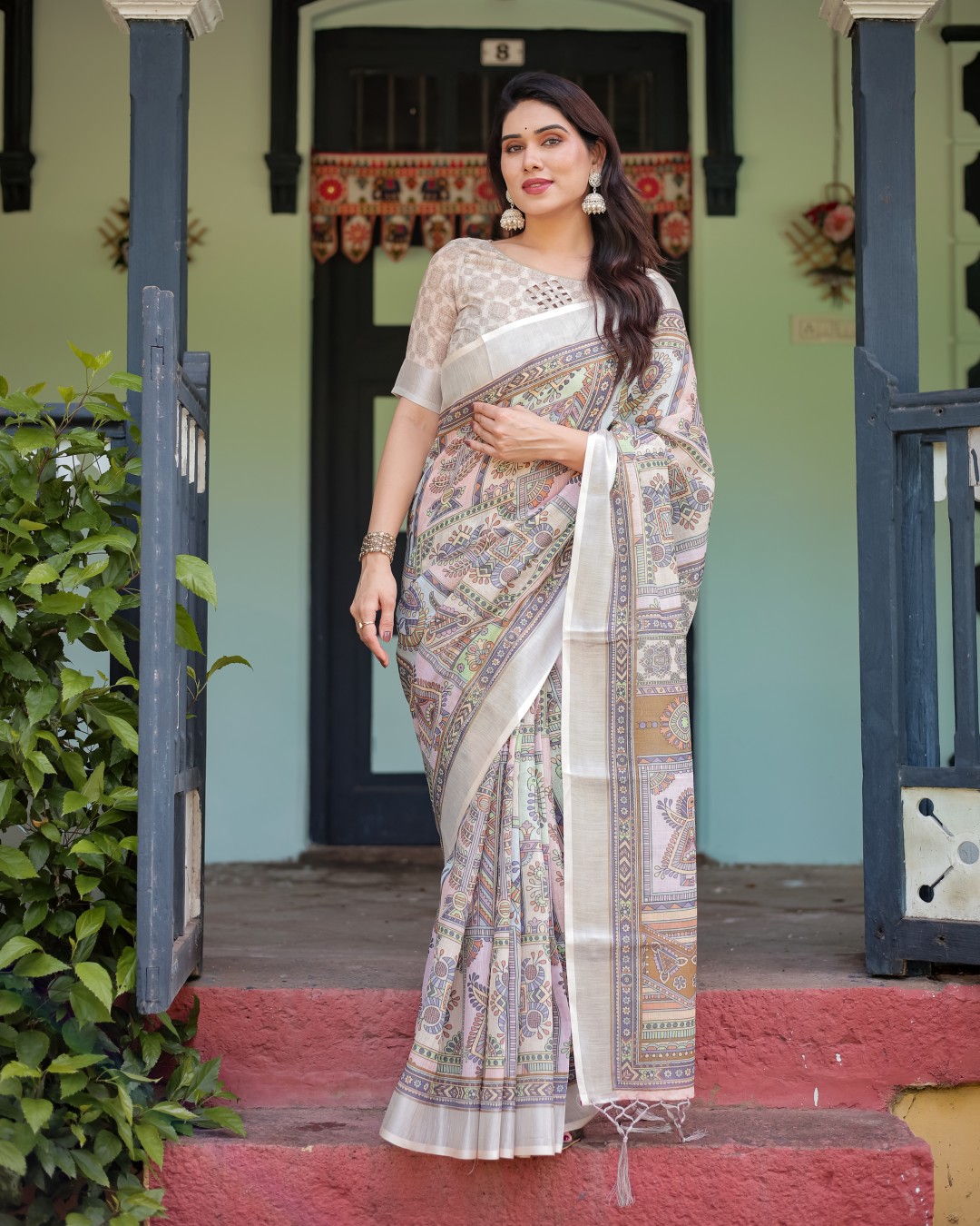 Elegant Floral Print Pure Cotton Linen Saree in Ivory with Multi-Color Florals and Tassels(Pack of 1)