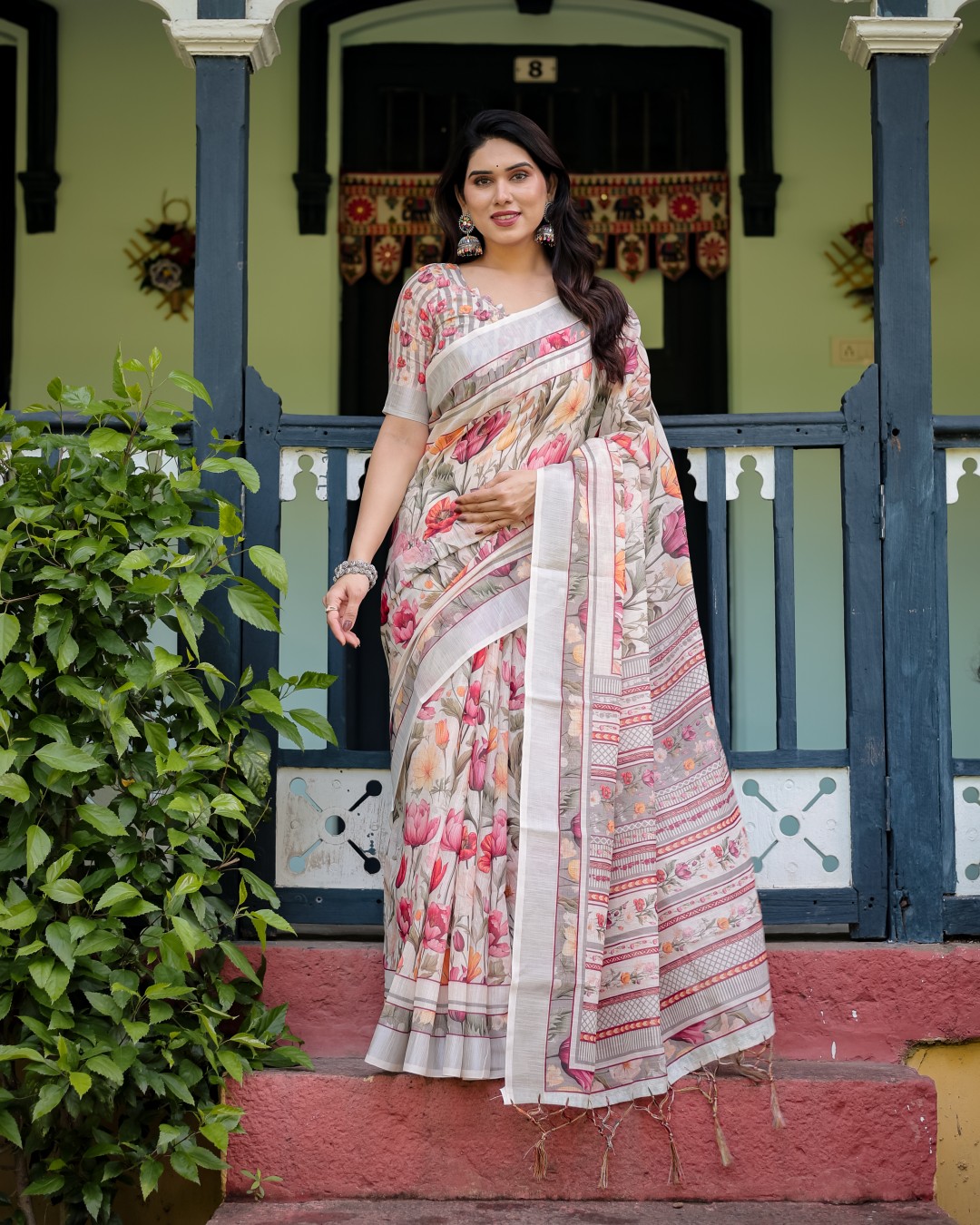 Elegant Floral Print Pure Cotton Linen Saree in Ivory with Multi-Color Florals and Tassels(Pack of 1)