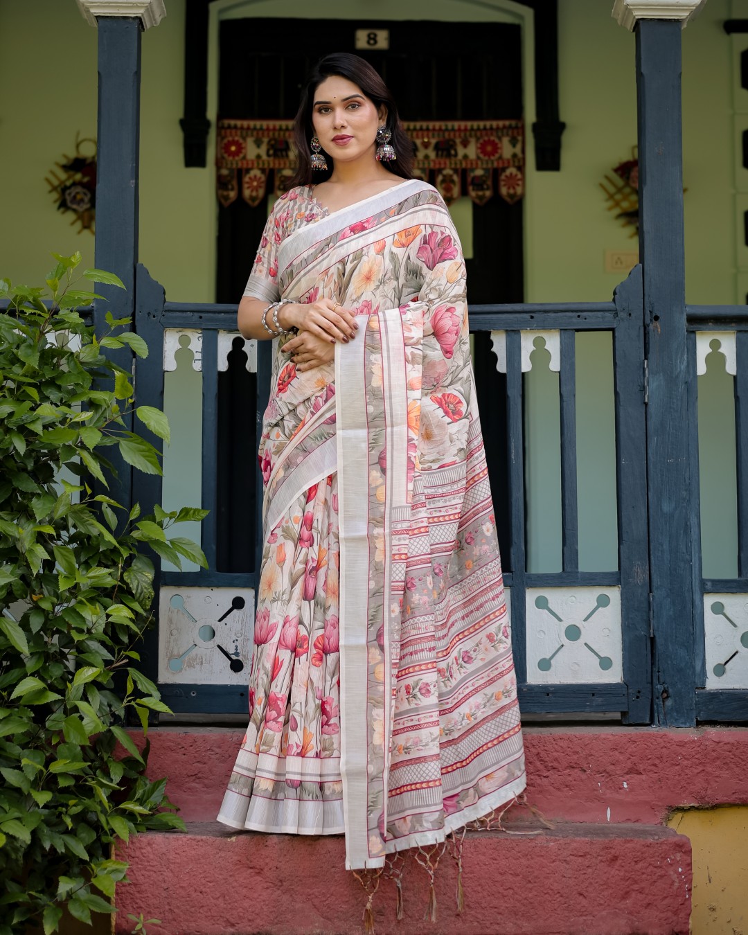 Elegant Floral Print Pure Cotton Linen Saree in Ivory with Multi-Color Florals and Tassels(Pack of 1)