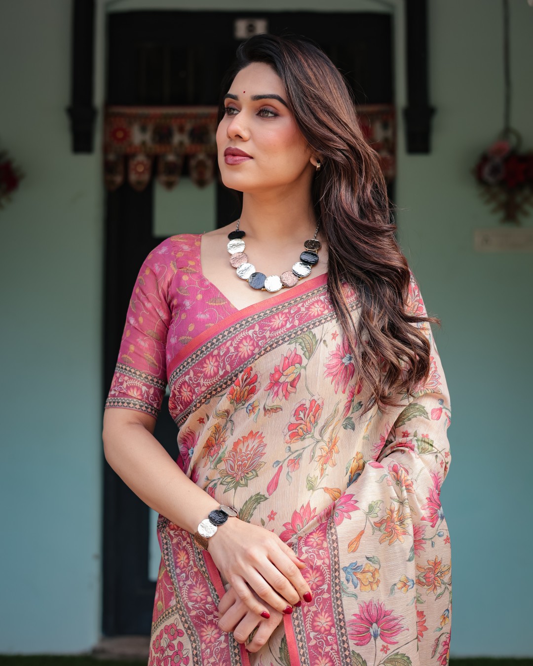 Handloom Cotton-Linen Saree with Mythological Motifs and Floral Pallu(Pack of 1)