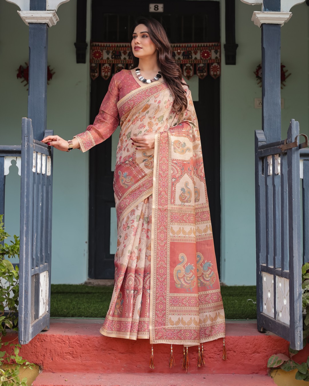 Handloom Cotton-Linen Saree with Bird Motifs and Striped Detailing(Pack of 1)