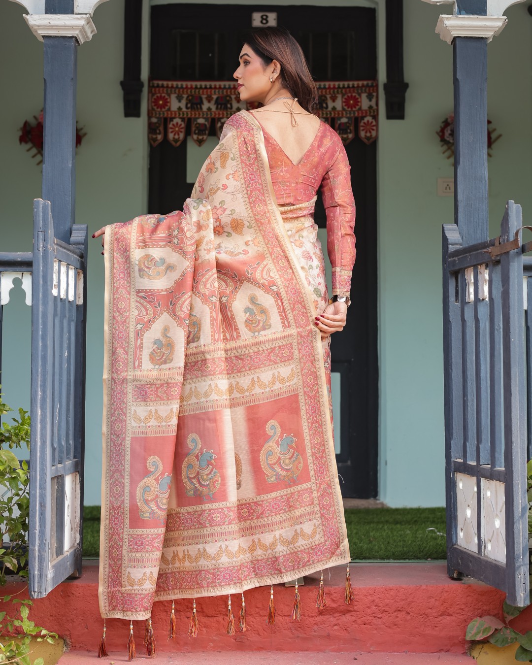 Handloom Cotton-Linen Saree with Bird Motifs and Striped Detailing(Pack of 1)