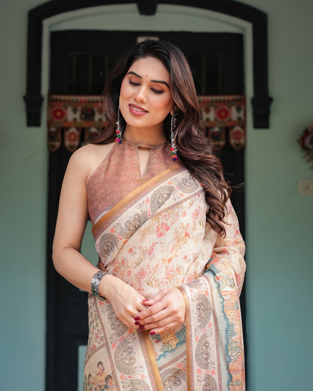 Floral Patterns Linen Cotton Handloom Printed Saree, Heritage-Inspired Pallu, and Tassels(Pack of 1)