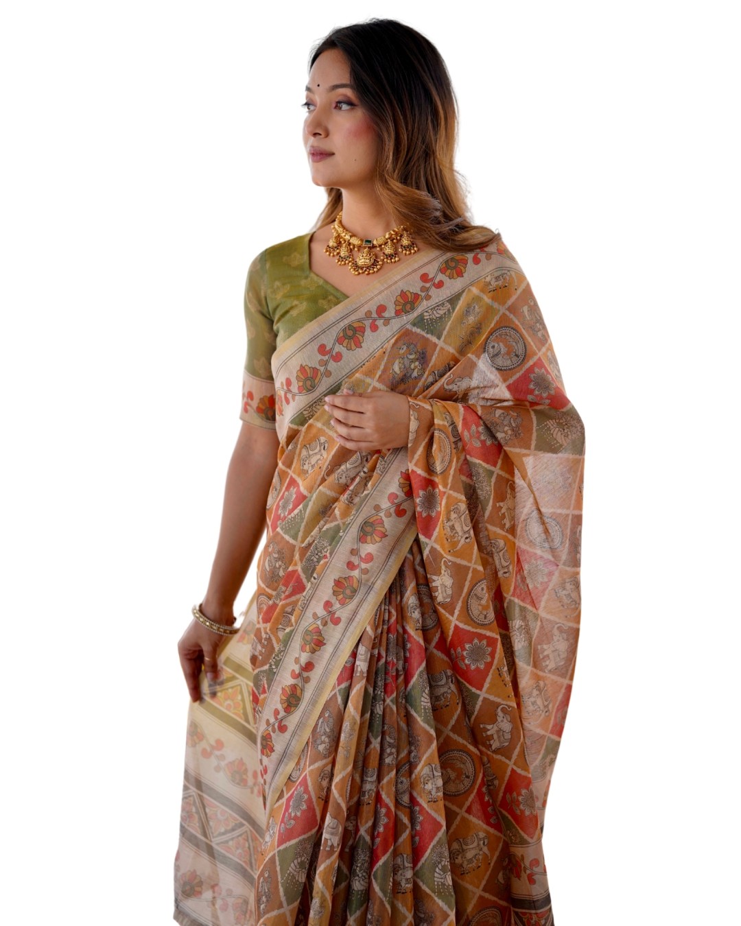 Handloom Cotton Saree with Traditional Animal & Floral Motifs and Tassels(Pack of 1)