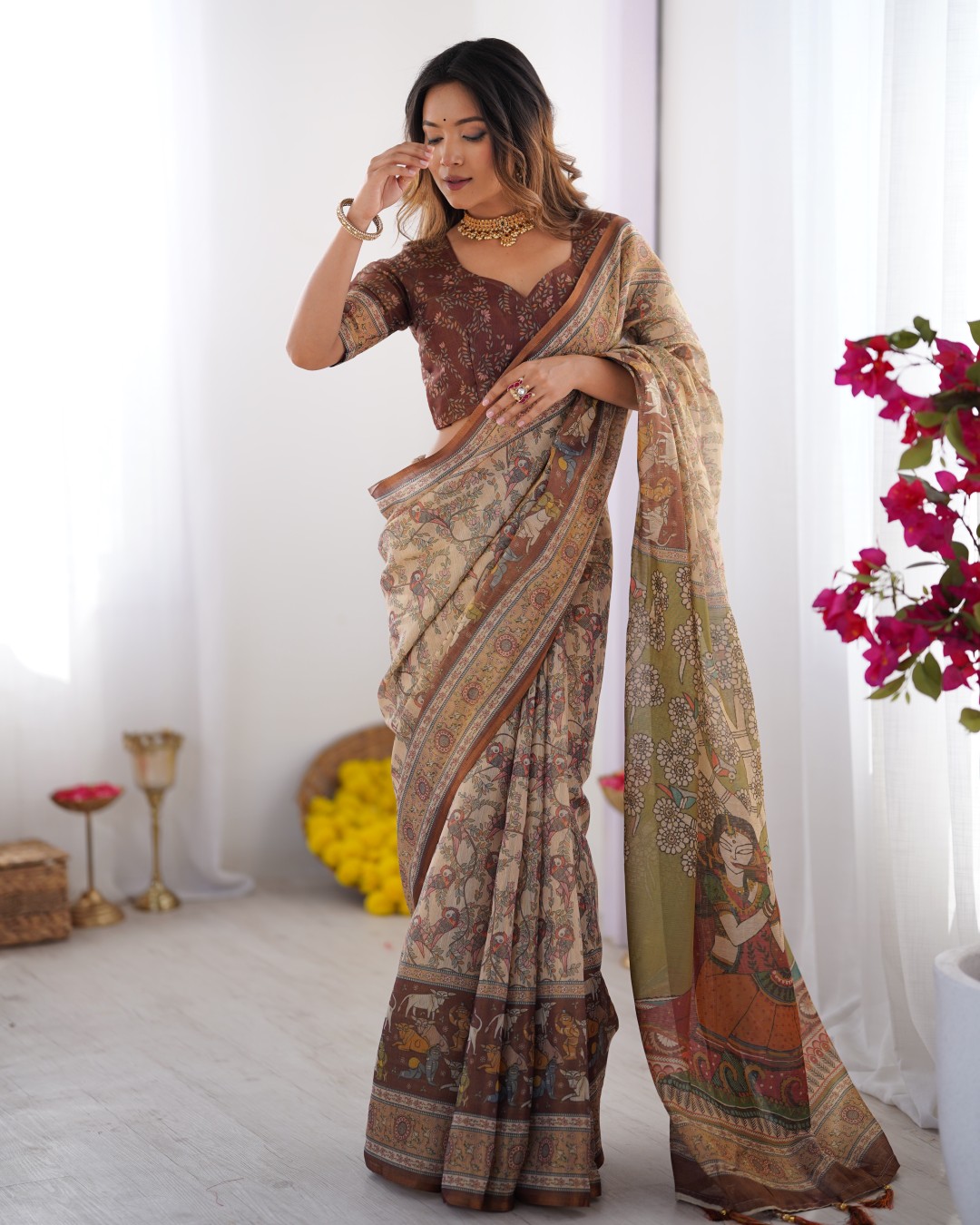 Handloom Cotton Saree with Traditional Animal & Floral Motifs and Tassels(Pack of 1)