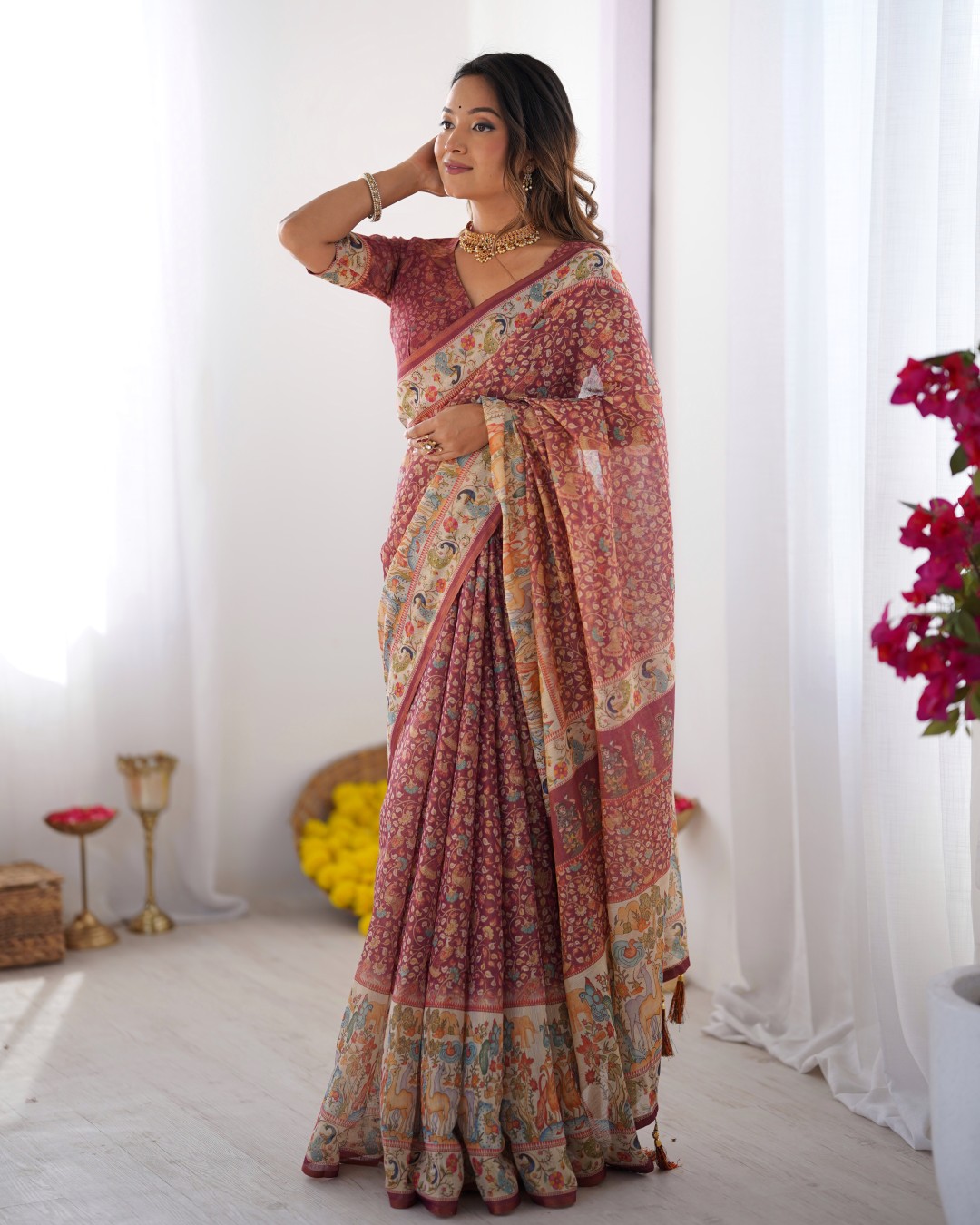 Handloom Cotton Saree with All-Over Floral Print & Multicolor Royal Procession Pallu (Pack of 1)