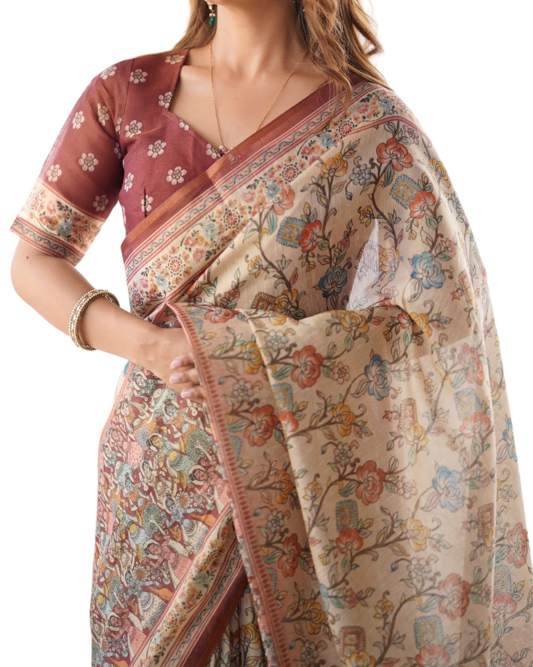 Handloom Cotton Saree with Maroon Blouse and Multicolor Royal Procession Pallu(Pack of 1)