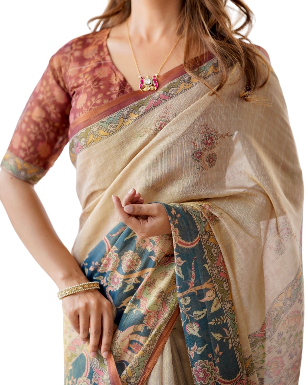 Handloom Cotton Saree with Maroon Blouse and Multicolor Royal Procession Pallu(Pack of 1)