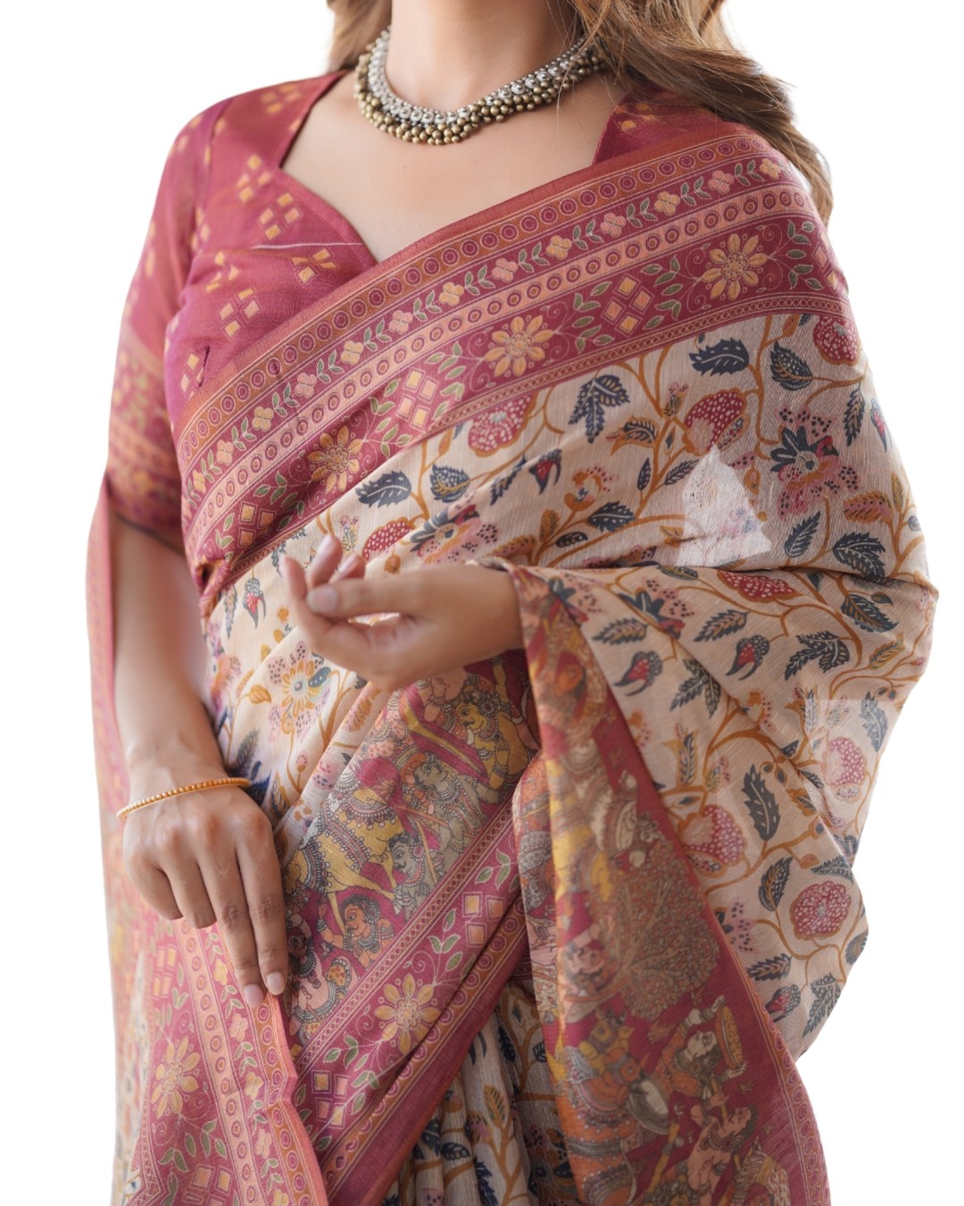 Handloom Cotton Saree with Maroon Blouse and Multicolor Royal Procession Pallu(Pack of 1)