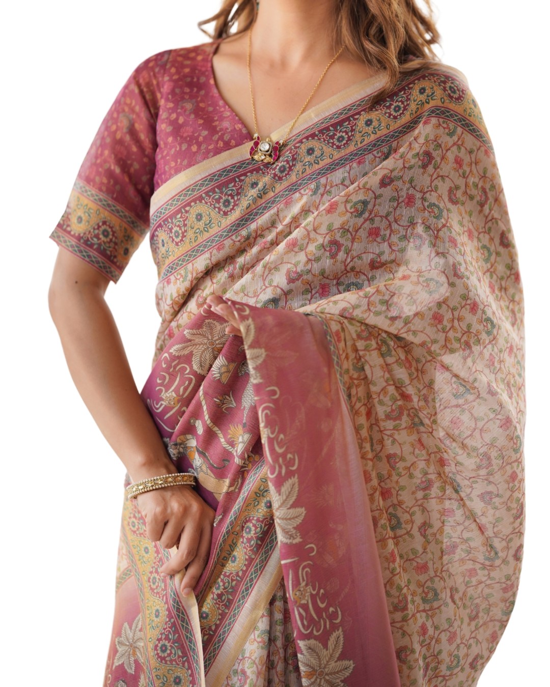 Handloom Cotton Saree with Maroon Blouse and Multicolor Royal Procession Pallu(Pack of 1)