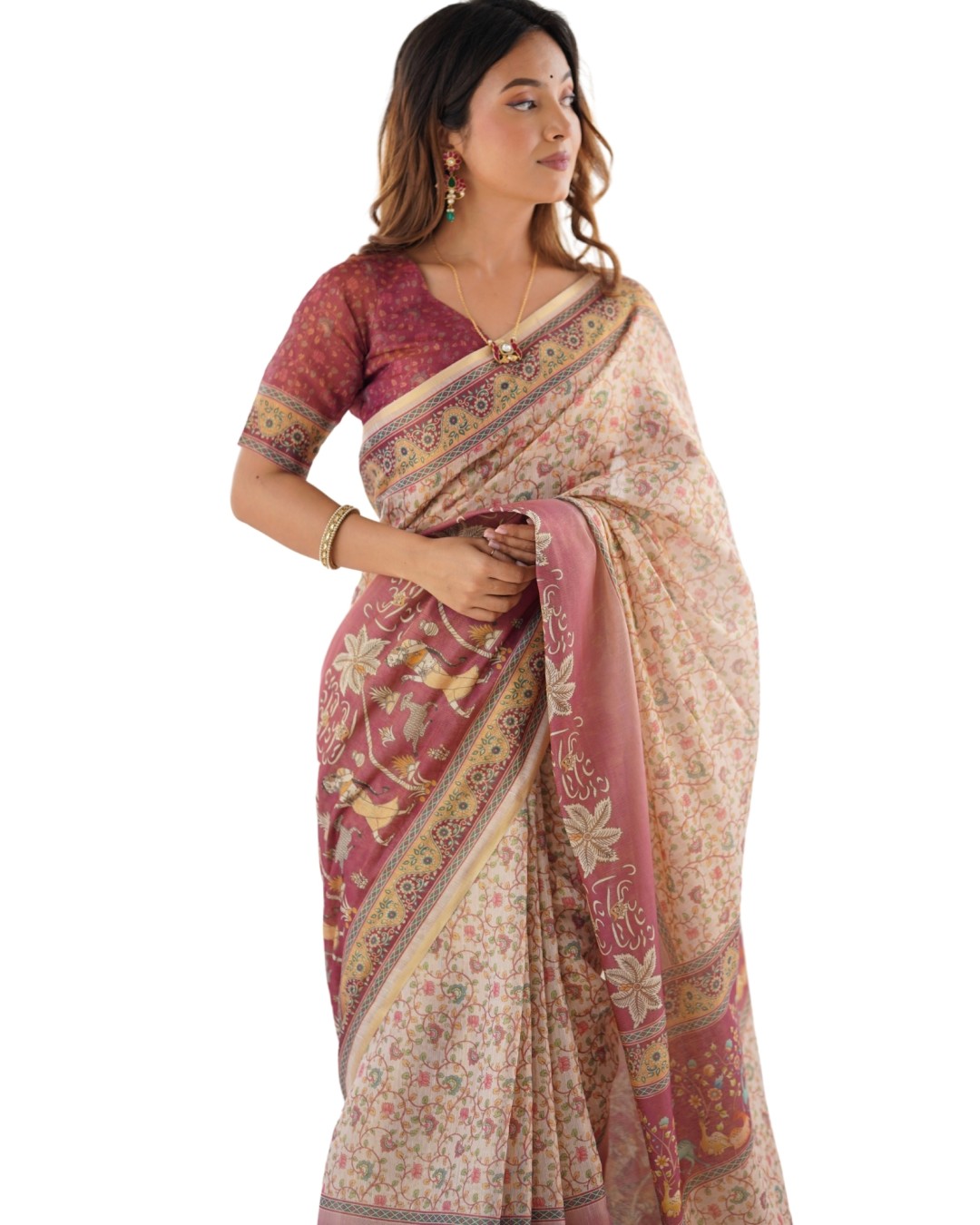 Handloom Cotton Saree with Maroon Blouse and Multicolor Royal Procession Pallu(Pack of 1)