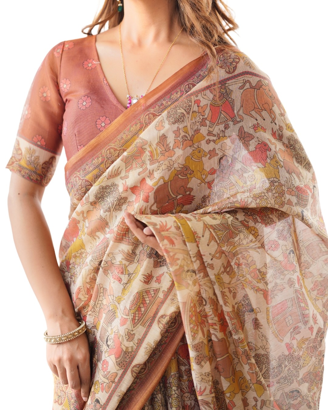 Handloom Cotton Saree with Maroon Blouse and Multicolor Royal Procession Pallu(Pack of 1)