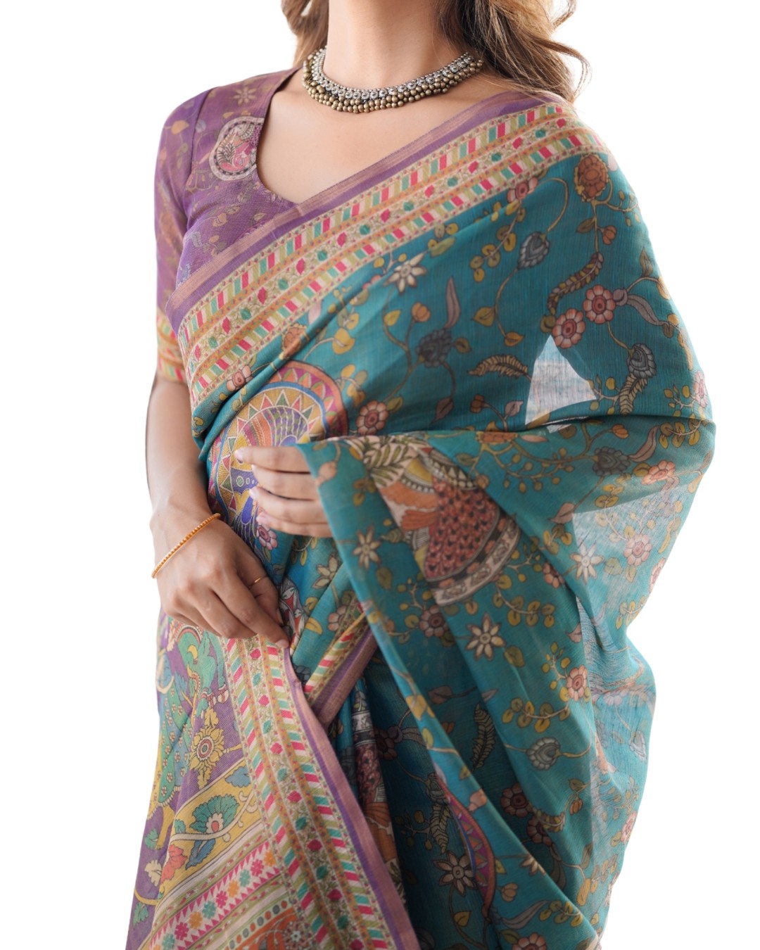 Handloom Cotton Saree with Floral Jaal & Multicolor Mandala Pallu Art(Pack of 1)