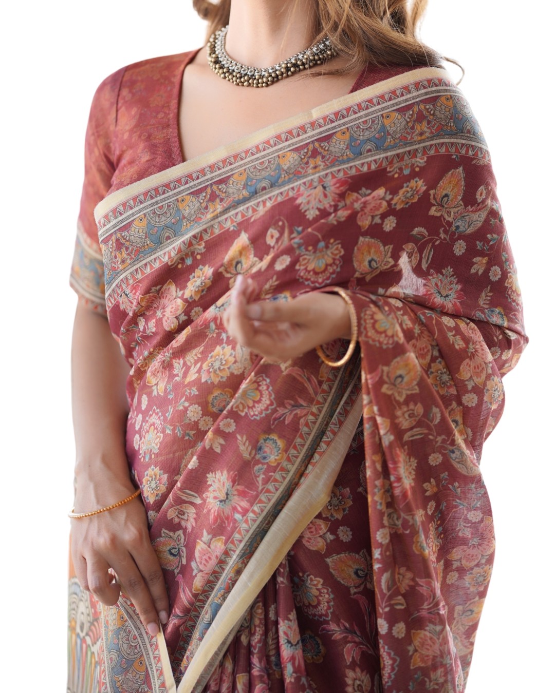 Handloom Cotton Saree with Floral Jaal & Multicolor Mandala Pallu Art(Pack of 1)