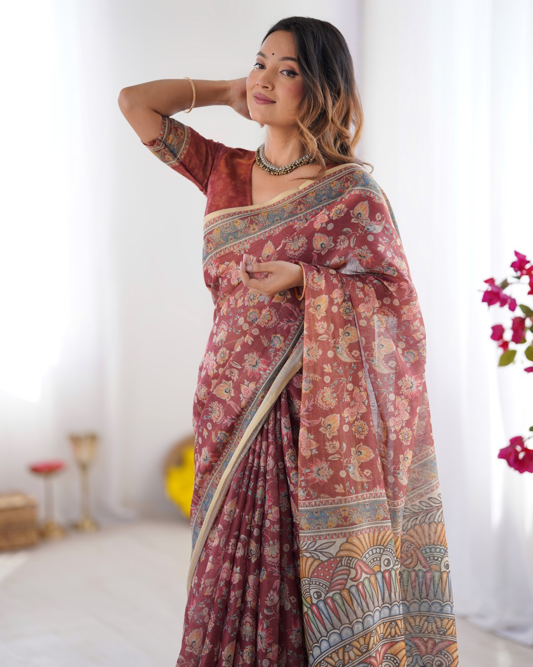 Handloom Cotton Saree with Floral Jaal & Multicolor Mandala Pallu Art(Pack of 1)