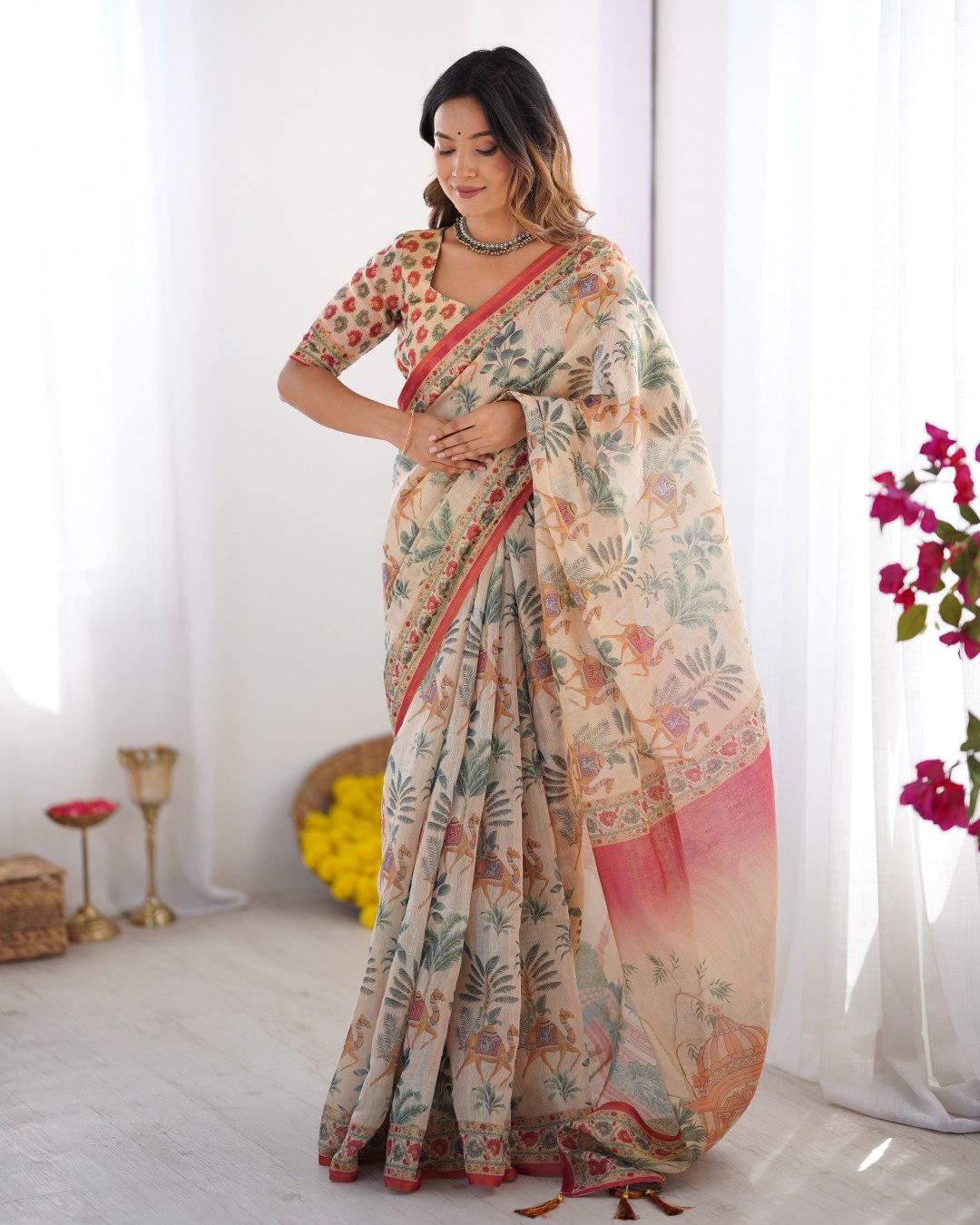 Handloom Cotton Saree with Floral Jaal & Multicolor Mandala Pallu Art(Pack of 1)