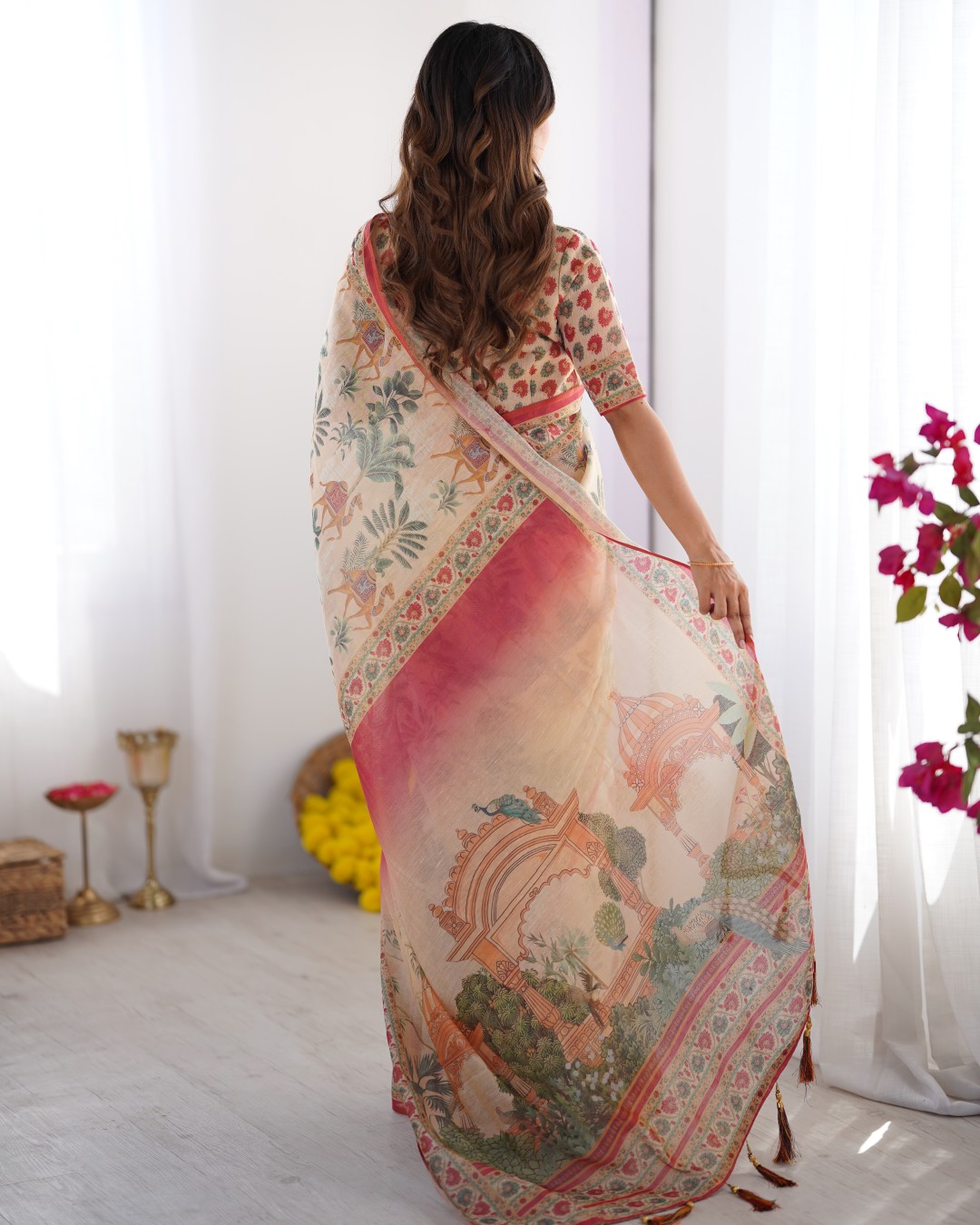 Handloom Cotton Saree with Floral Jaal & Multicolor Mandala Pallu Art(Pack of 1)