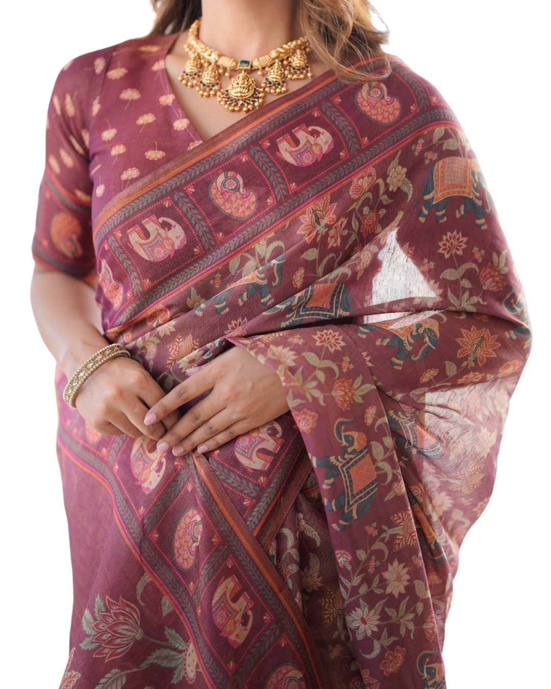 Pure Linen Cotton Saree with Folk Animal Motif & Floral Print (Pack of 1)