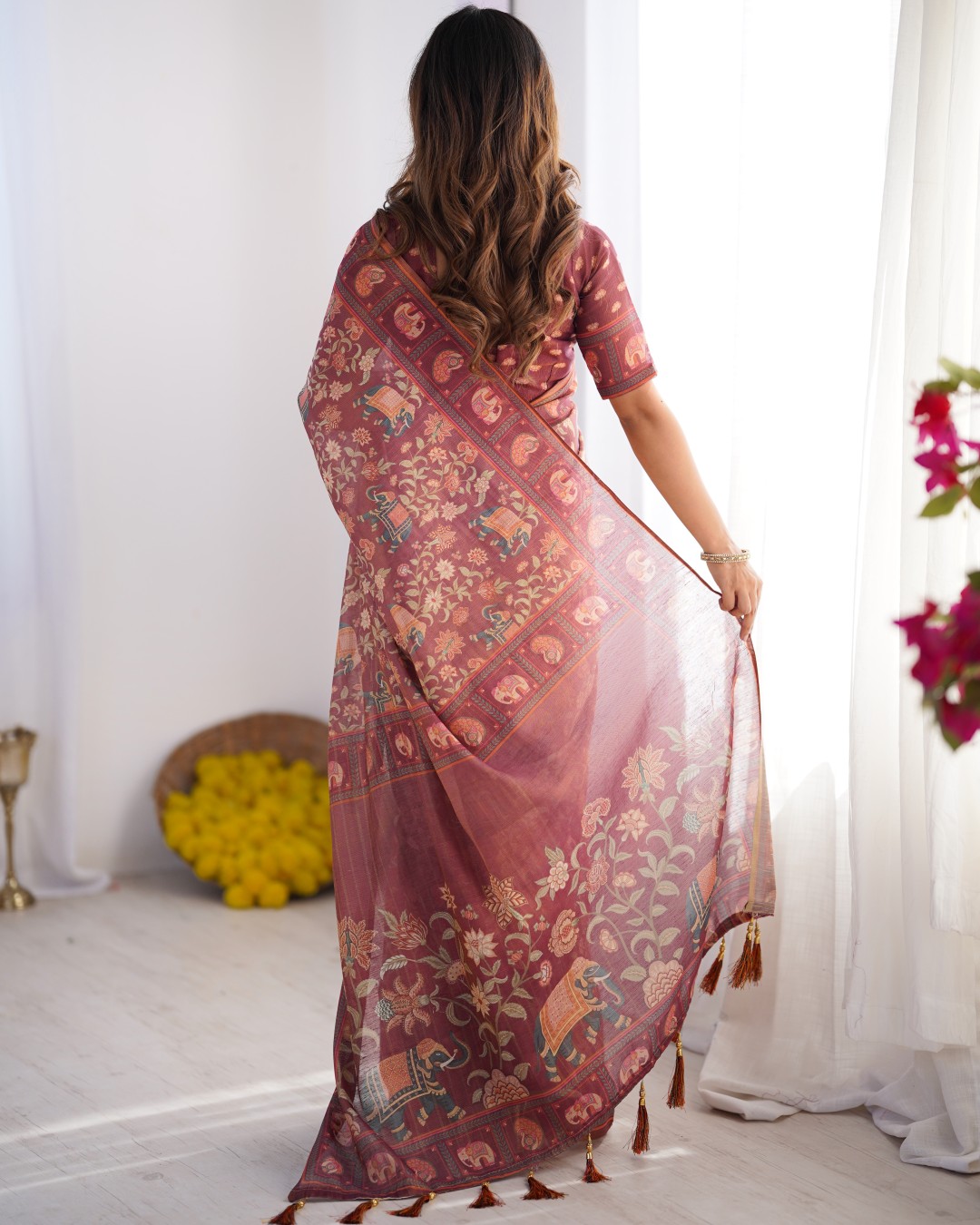 Pure Linen Cotton Saree with Folk Animal Motif & Floral Print (Pack of 1)