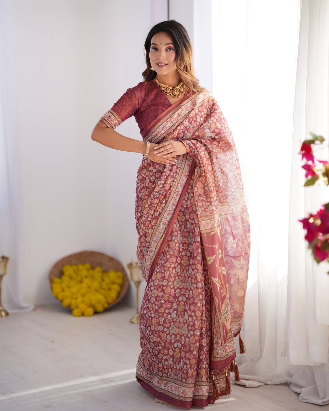 Pure Linen Cotton Saree with Folk Animal Motif & Floral Print (Pack of 1)