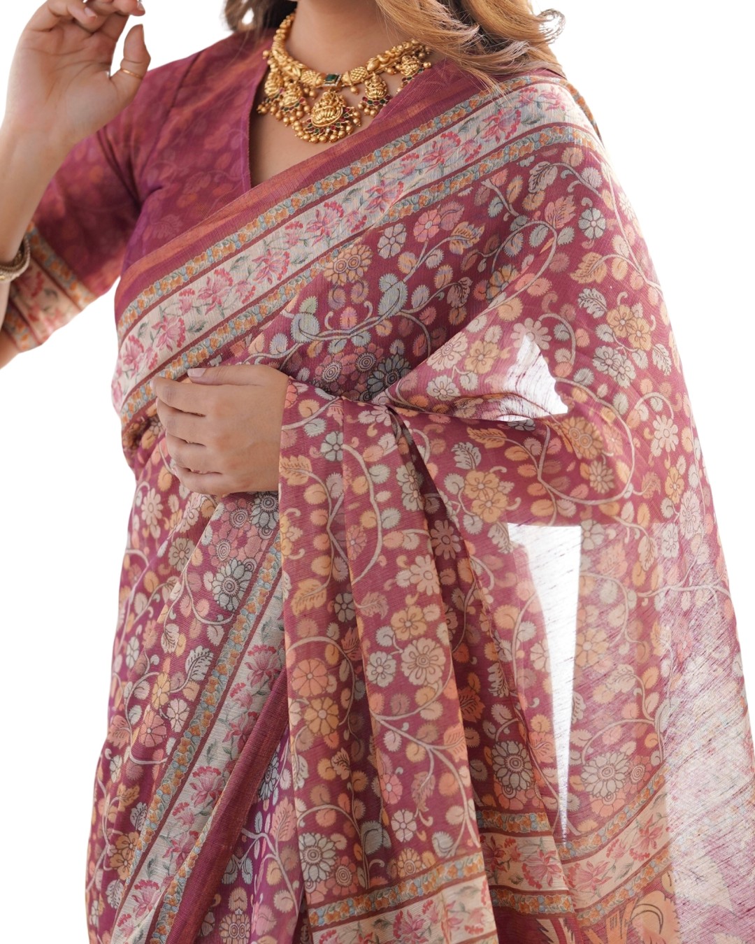 Pure Linen Cotton Saree with Folk Animal Motif & Floral Print (Pack of 1)