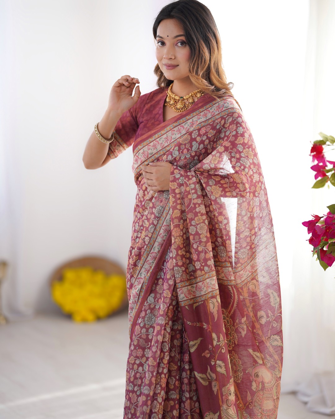 Pure Linen Cotton Saree with Folk Animal Motif & Floral Print (Pack of 1)