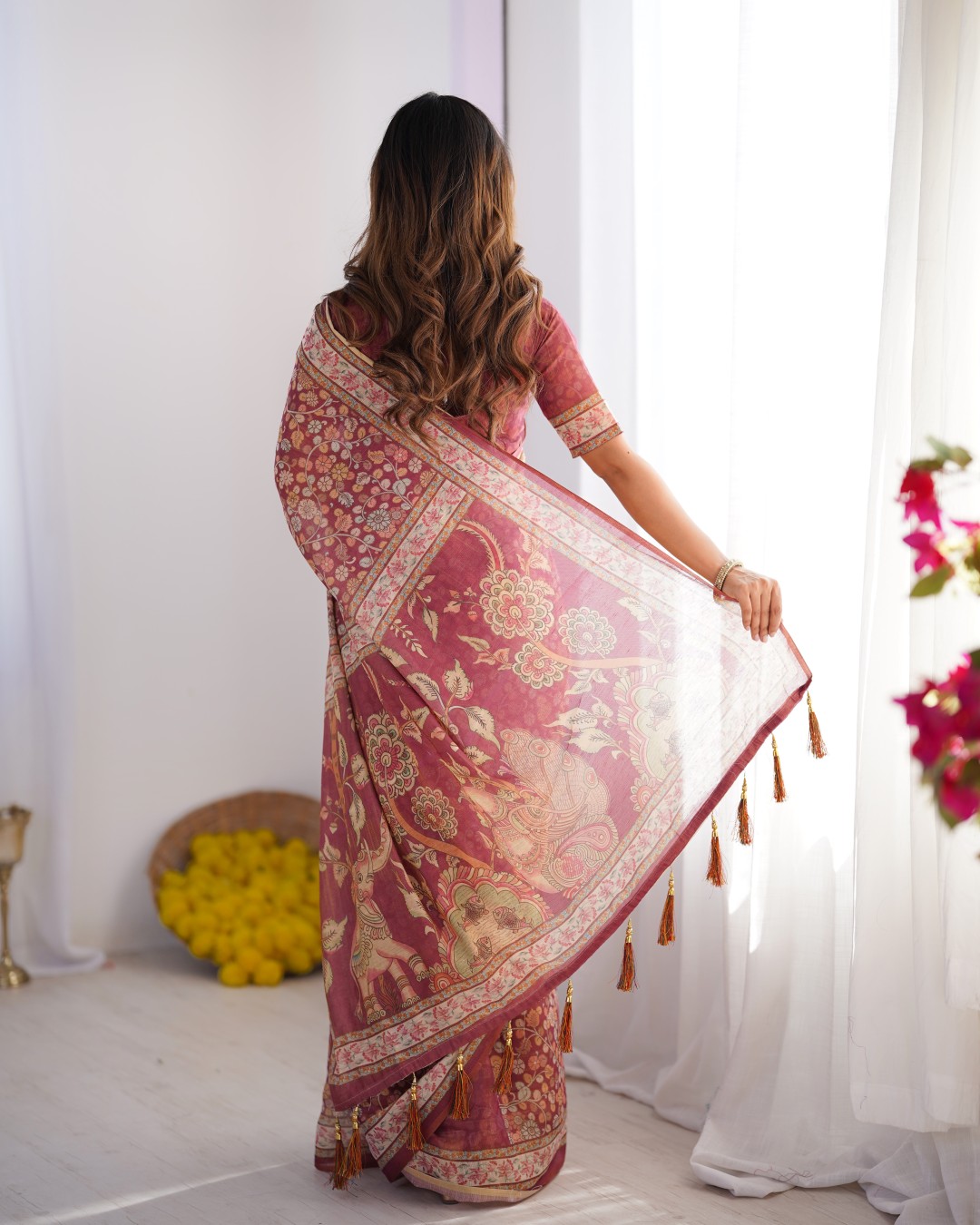 Pure Linen Cotton Saree with Folk Animal Motif & Floral Print (Pack of 1)