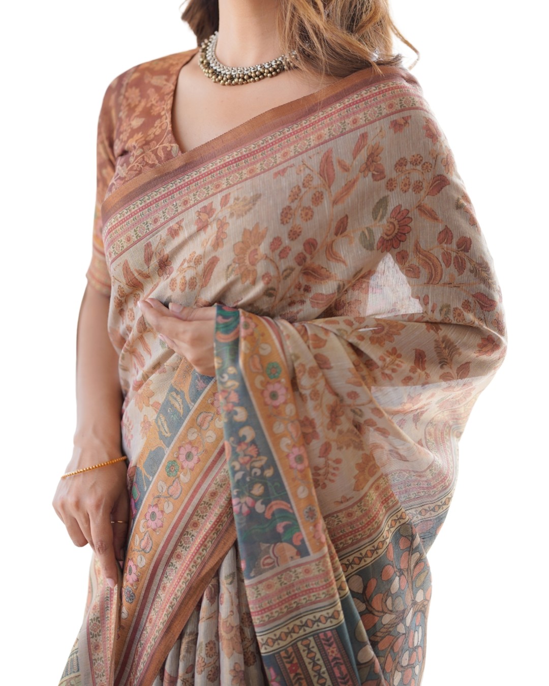 Pure Linen Cotton Saree with Folk Animal Motif & Floral Print (Pack of 1)