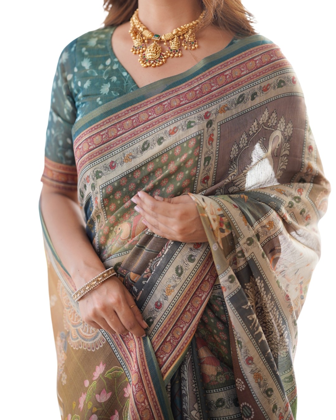 Pure Linen Cotton Saree with Folk Animal Motif & Floral Print (Pack of 1)