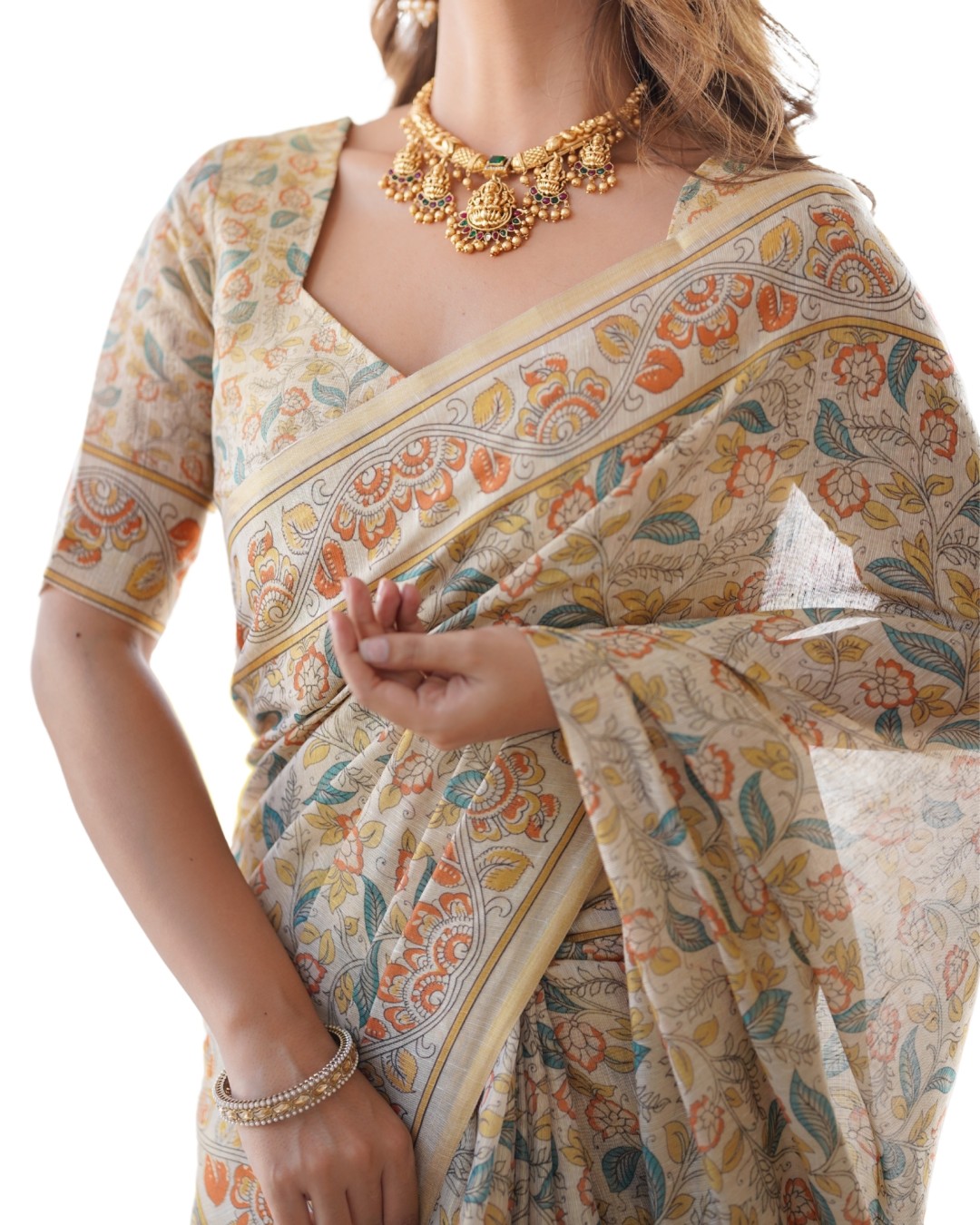 Linen Cotton Handloom Saree with Floral Buti Print and Madhubani Fish Art Pallu(Pack of 1)