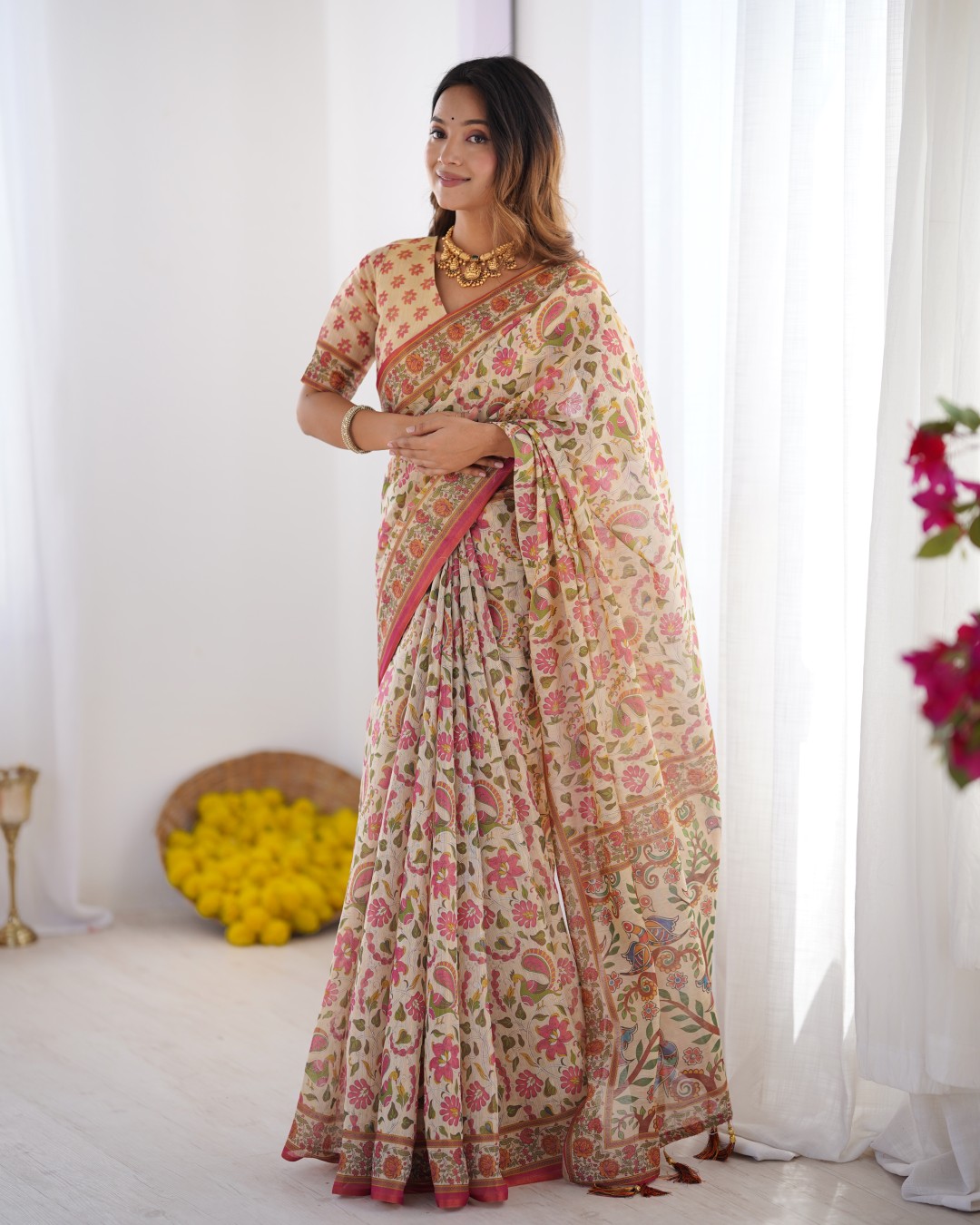 Linen Cotton Handloom Saree with Floral Buti Print and Madhubani Fish Art Pallu(Pack of 1)