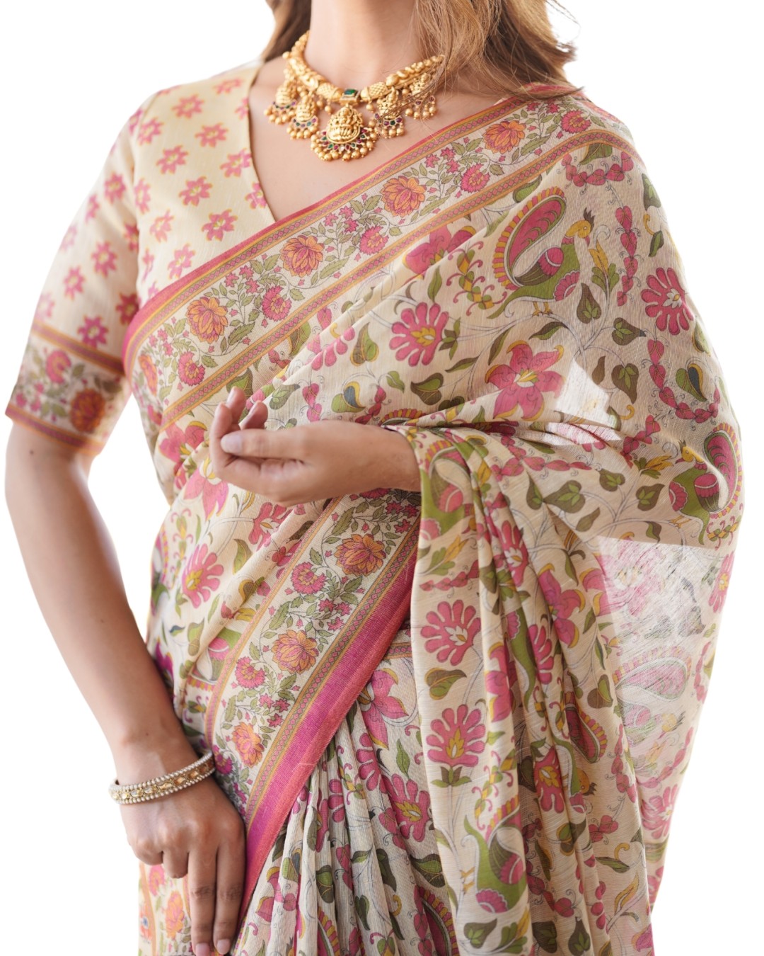 Linen Cotton Handloom Saree with Floral Buti Print and Madhubani Fish Art Pallu(Pack of 1)