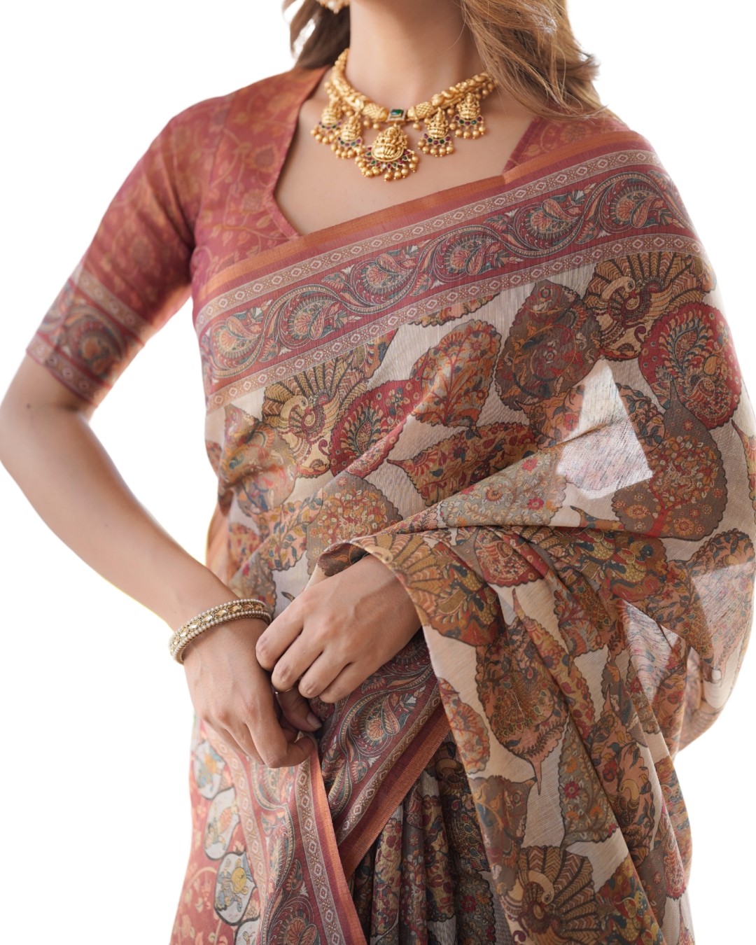 Linen Cotton Handloom Saree with Floral Buti Print and Madhubani Fish Art Pallu(Pack of 1)