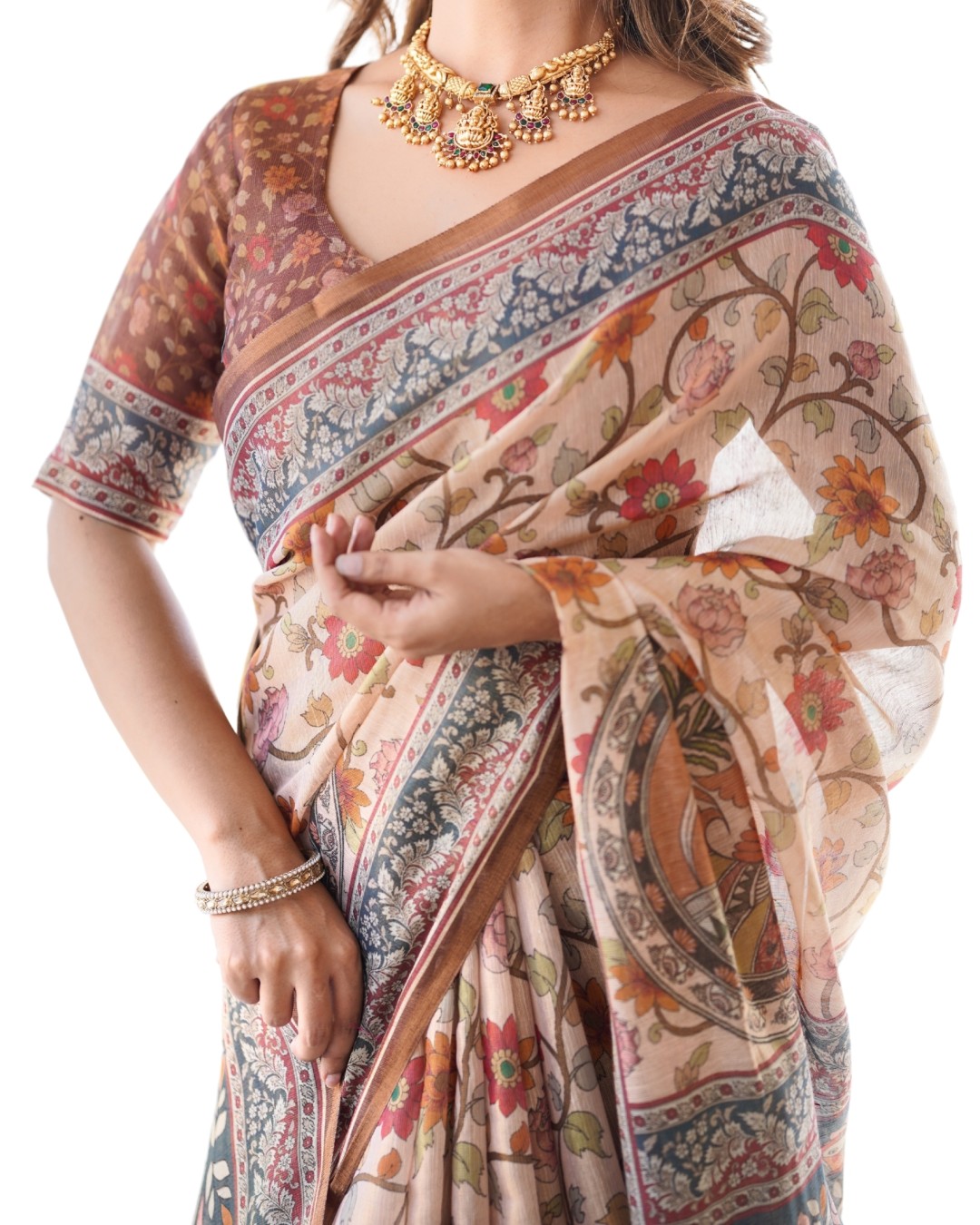 Linen Cotton Handloom Saree with Floral Buti Print and Madhubani Fish Art Pallu(Pack of 1)