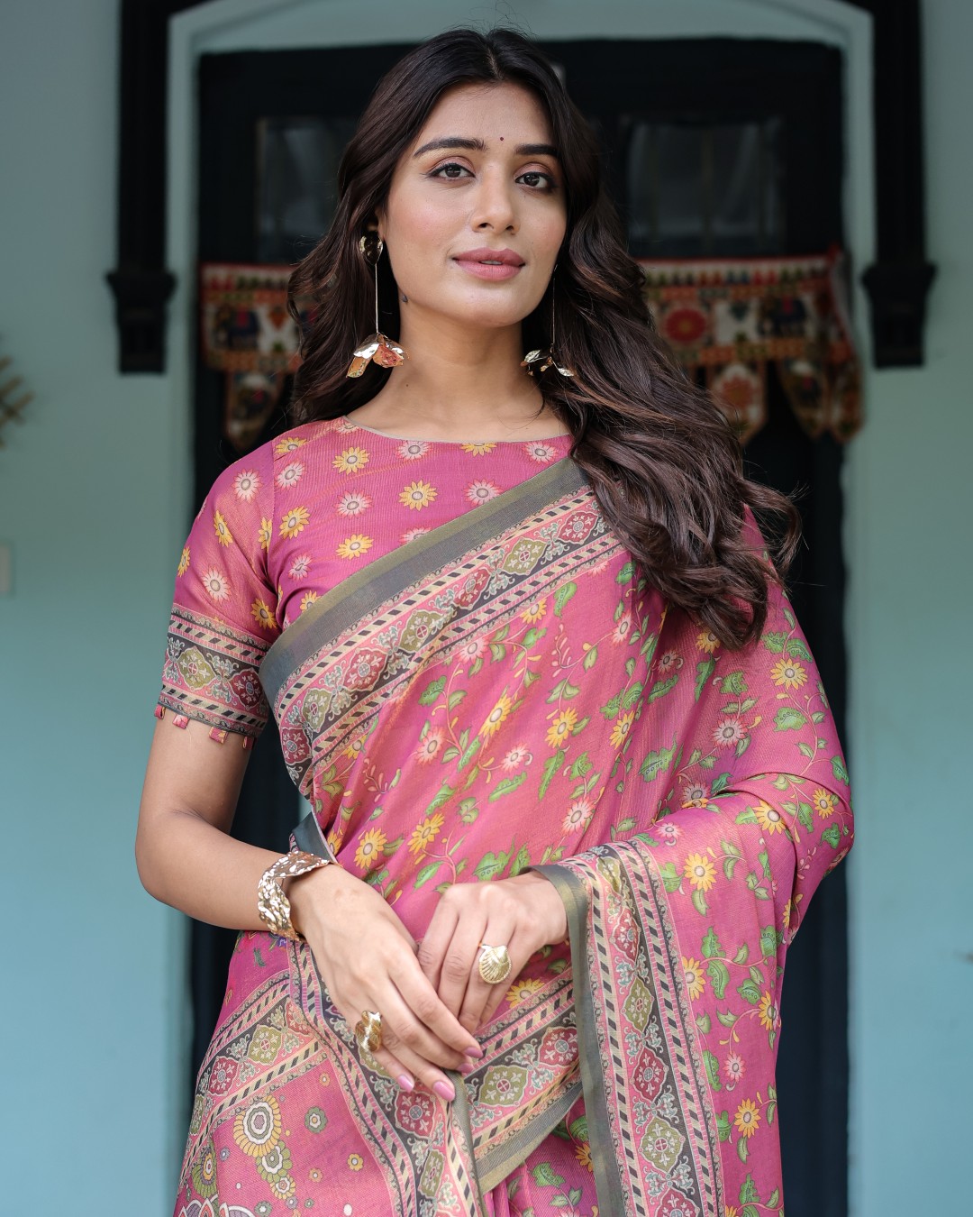 Handloom Cotton Saree with Mudra Motifs & Goddess Saraswati Pallu(Pack of 1)