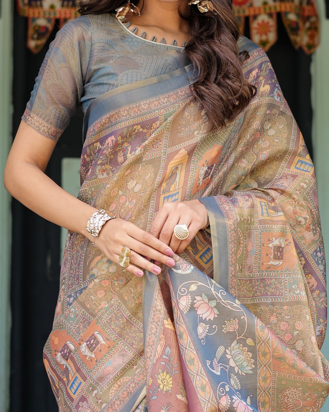 Handloom Cotton Saree with Subtle Ramayan Print and Heritage Motif Pallu(Pack of 1)