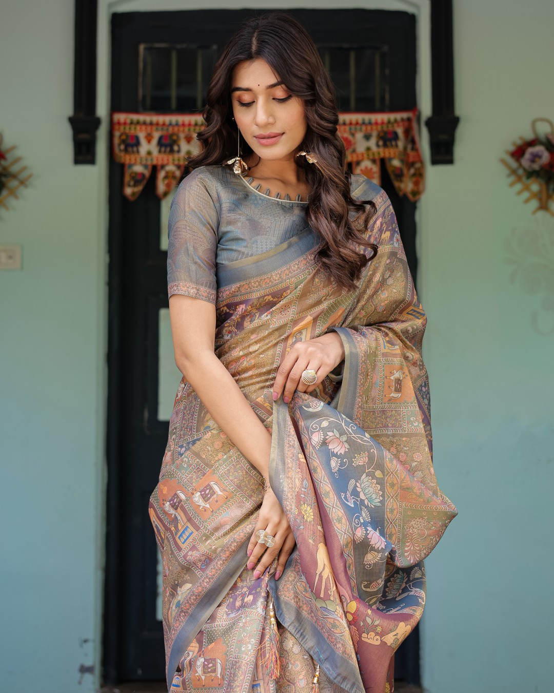 Handloom Cotton Saree with Subtle Ramayan Print and Heritage Motif Pallu(Pack of 1)