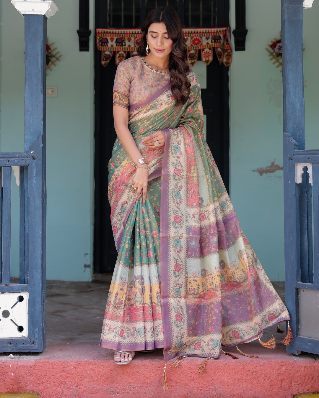 Handloom Cotton Saree with Subtle Ramayan Print and Heritage Motif Pallu(Pack of 1)