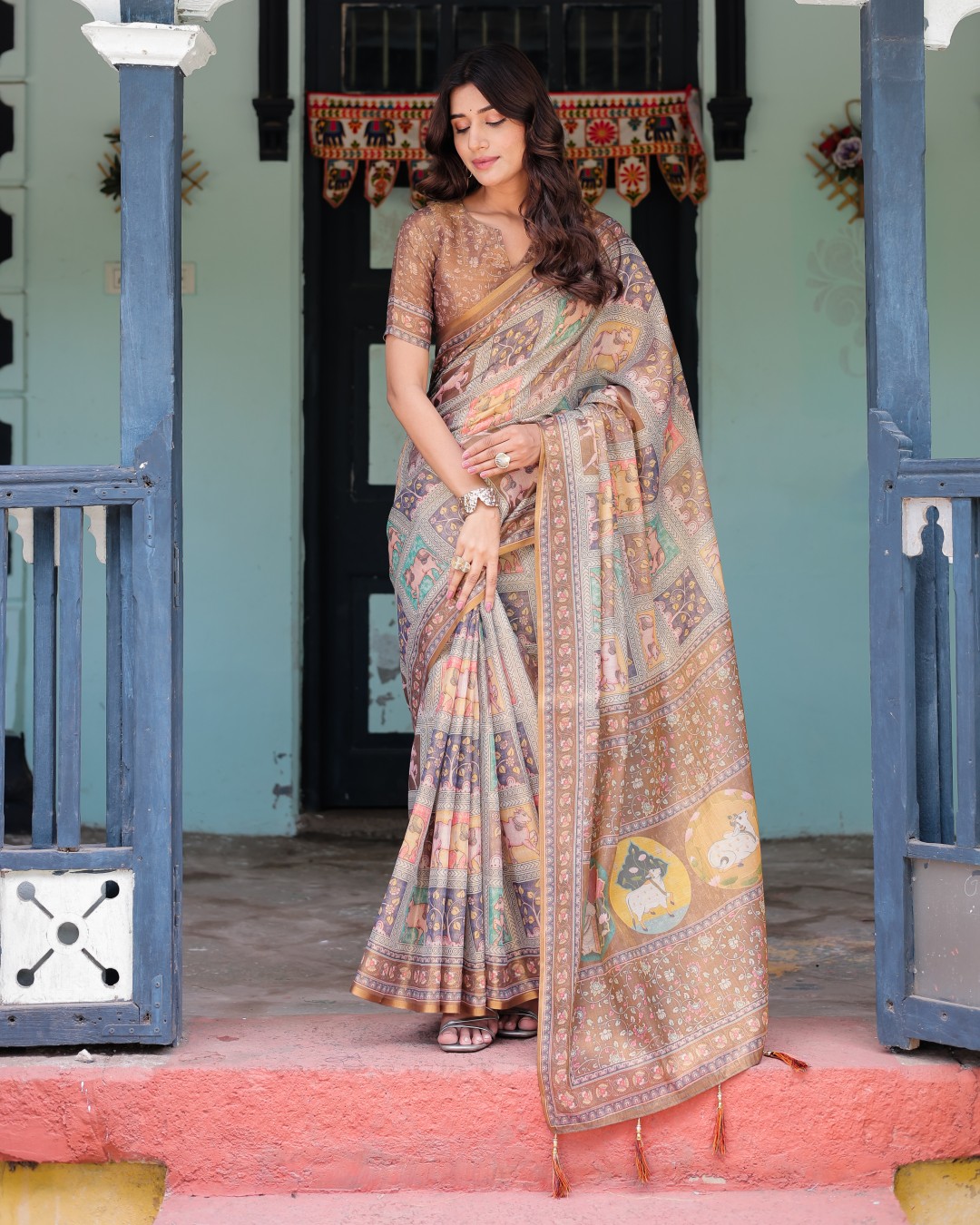 Handloom Cotton Saree with Subtle Ramayan Print and Heritage Motif Pallu(Pack of 1)