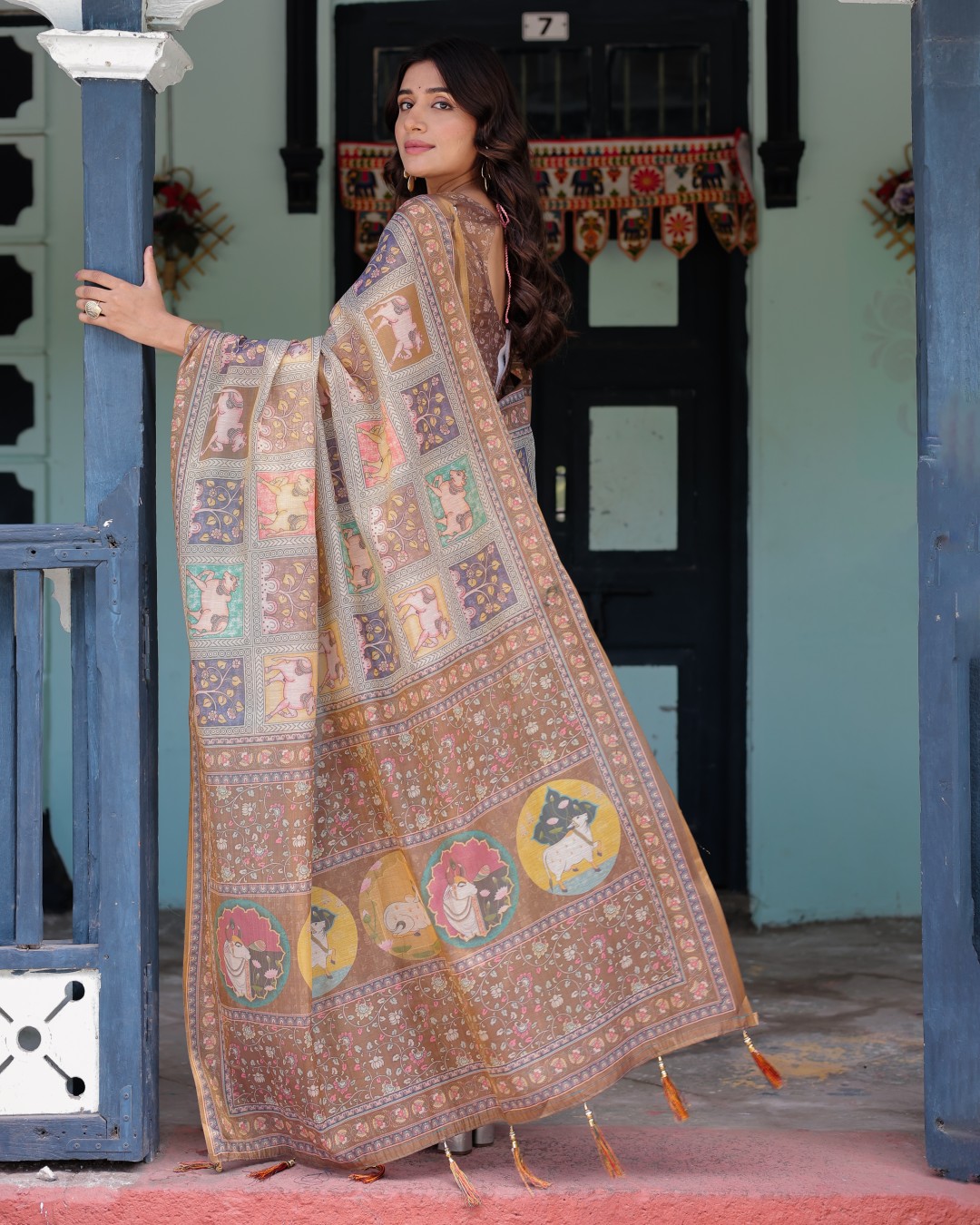 Handloom Cotton Saree with Subtle Ramayan Print and Heritage Motif Pallu(Pack of 1)