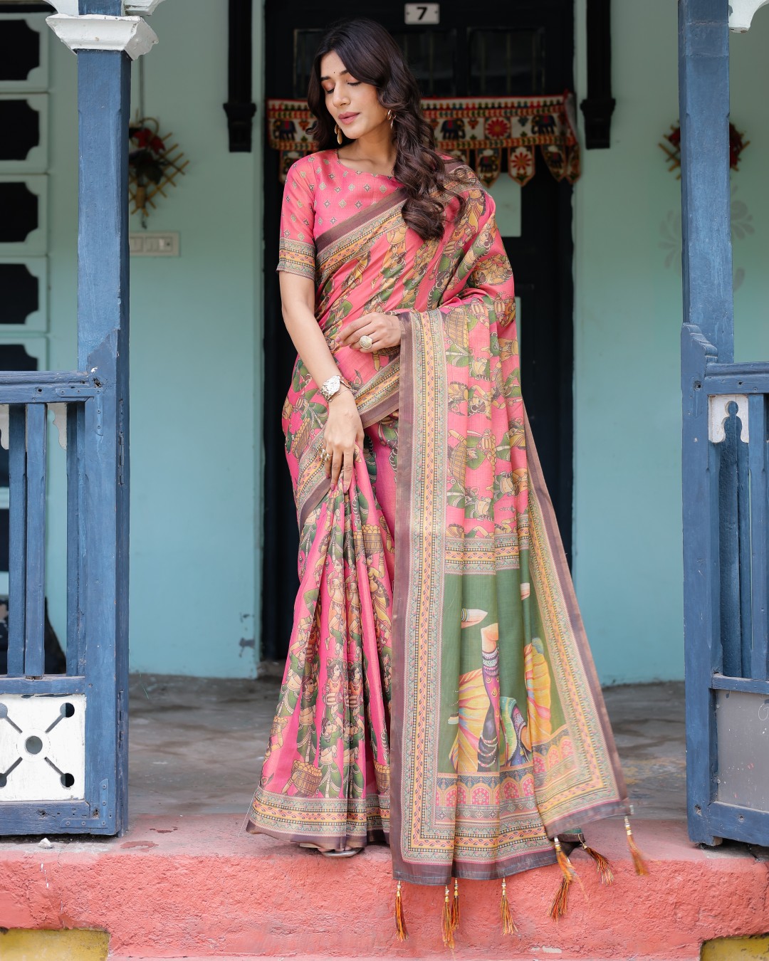Handloom Cotton Saree with Subtle Ramayan Print and Heritage Motif Pallu(Pack of 1)
