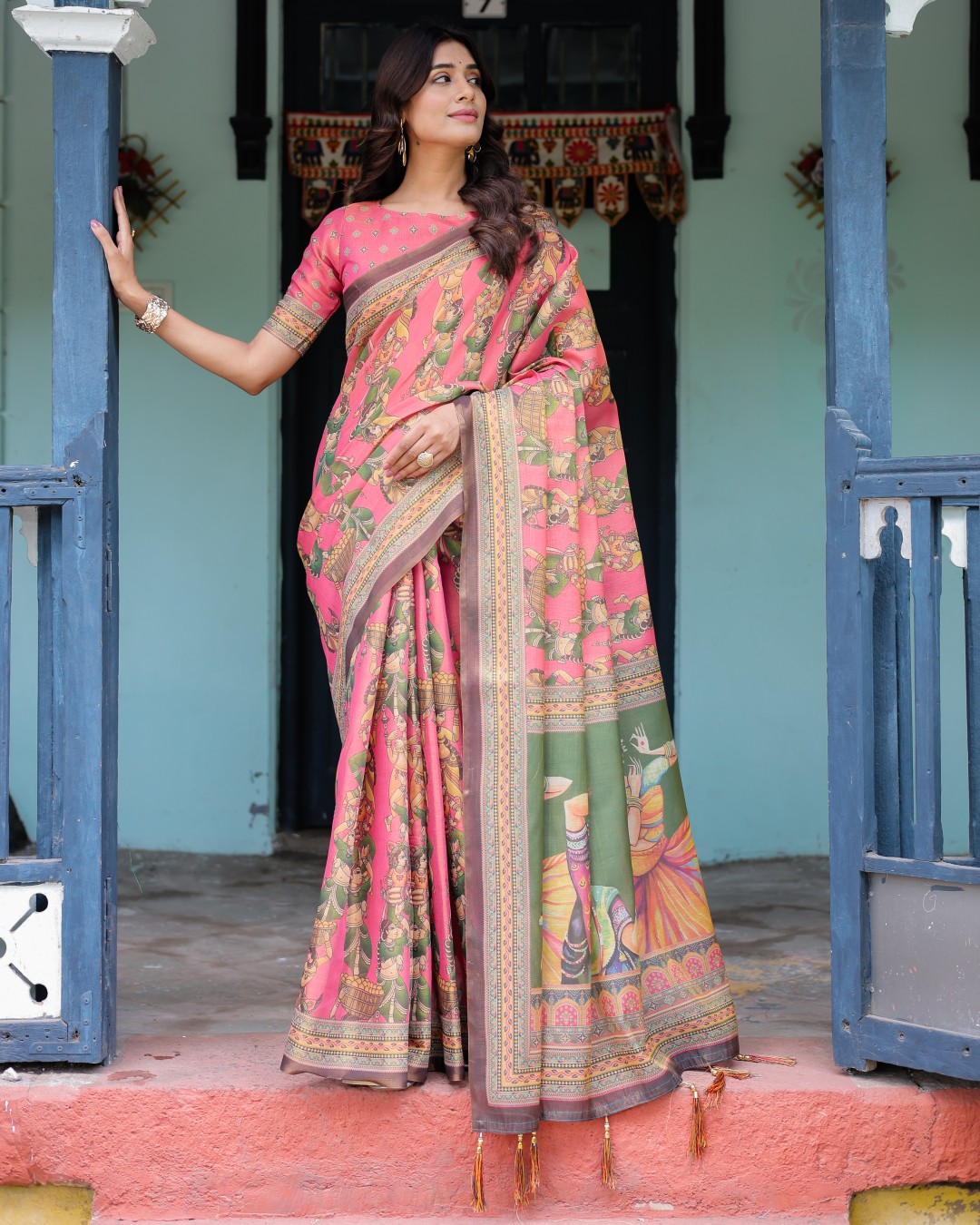 Handloom Cotton Saree with Subtle Ramayan Print and Heritage Motif Pallu(Pack of 1)