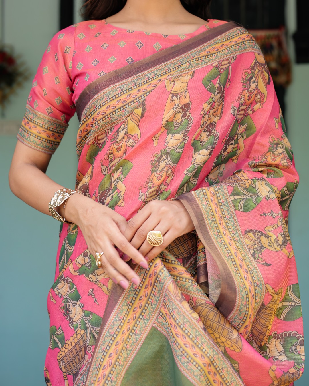 Handloom Cotton Saree with Subtle Ramayan Print and Heritage Motif Pallu(Pack of 1)