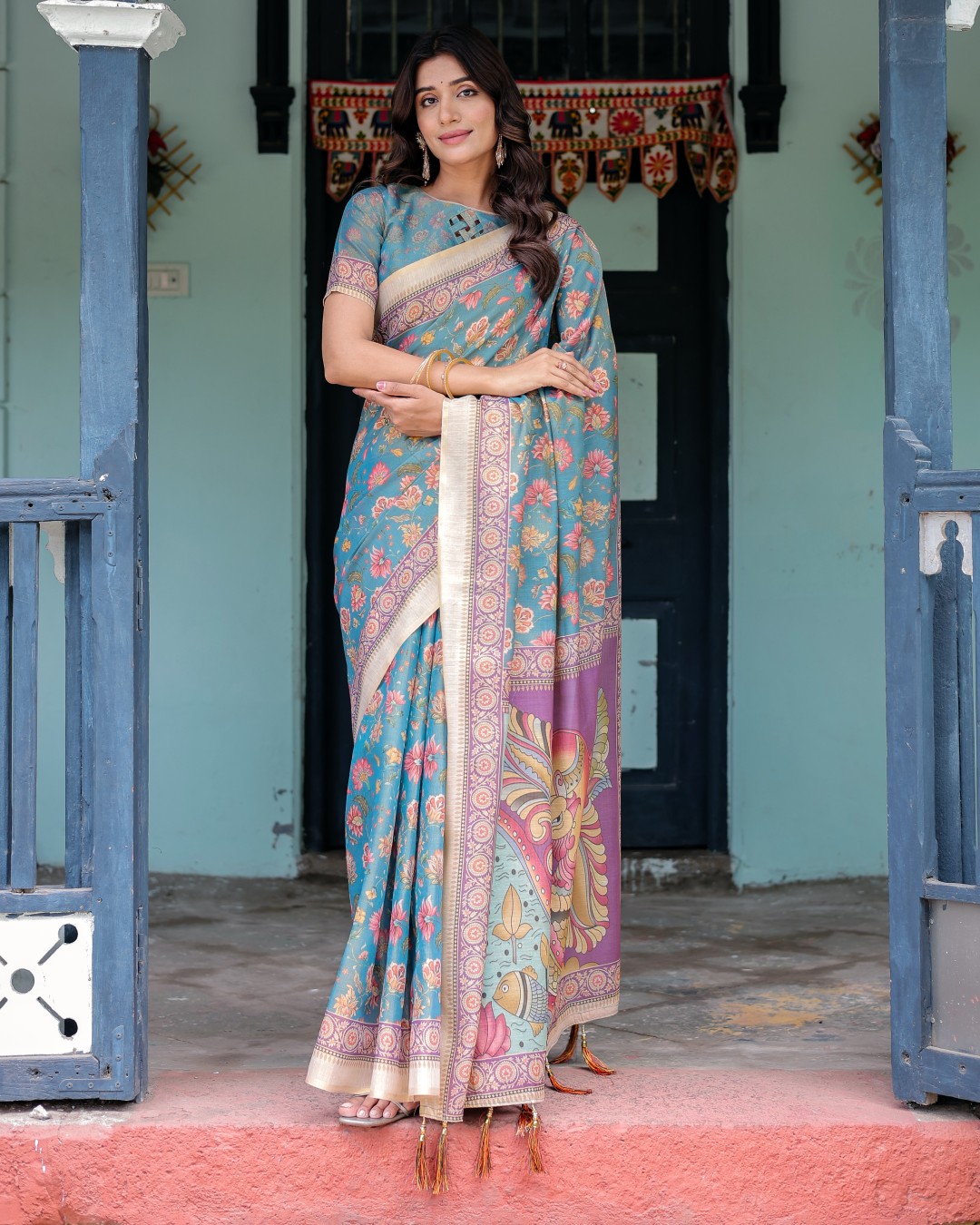 Handloom Cotton Saree with Multicolor Floral Print & Royal Simha-Pakshi Pallu(Pack of 1)