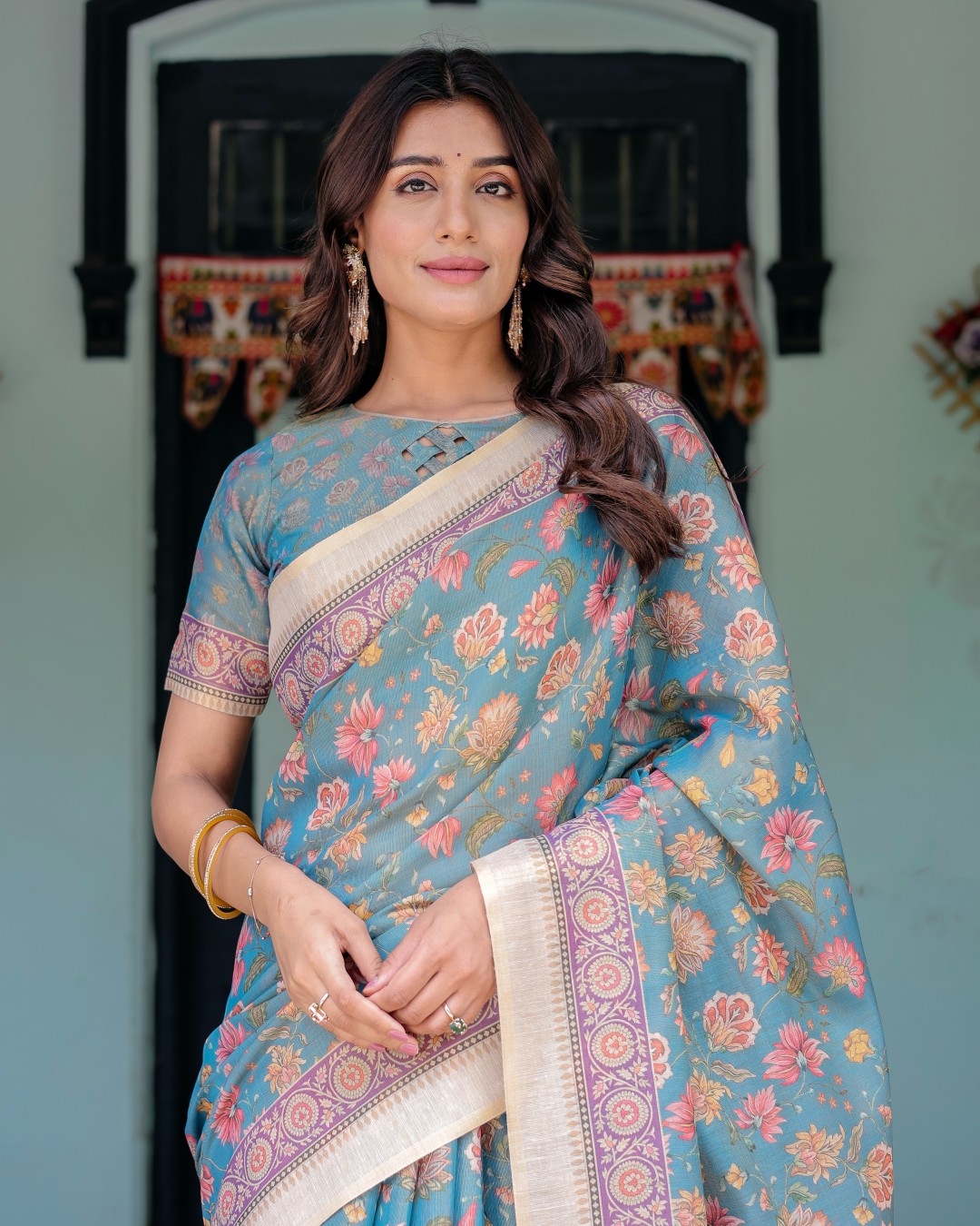 Handloom Cotton Saree with Multicolor Floral Print & Royal Simha-Pakshi Pallu(Pack of 1)