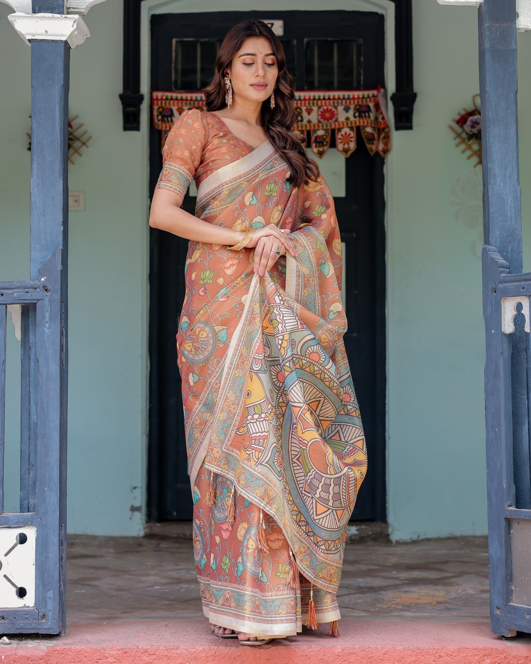 Handloom Cotton Saree with Multicolor Floral Print & Royal Simha-Pakshi Pallu(Pack of 1)