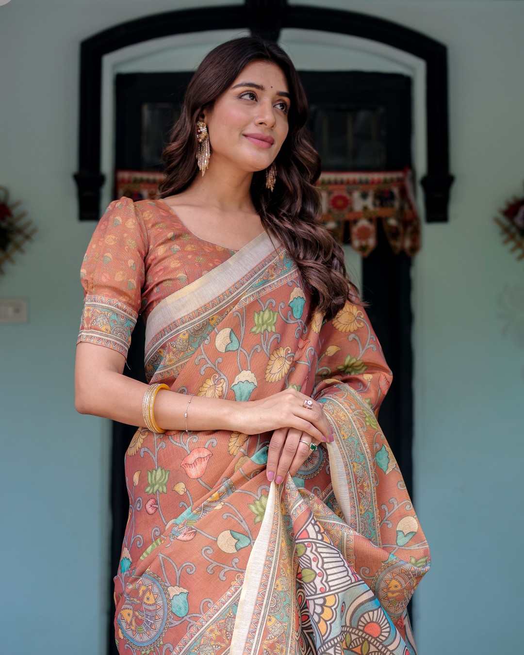 Handloom Cotton Saree with Multicolor Floral Print & Royal Simha-Pakshi Pallu(Pack of 1)