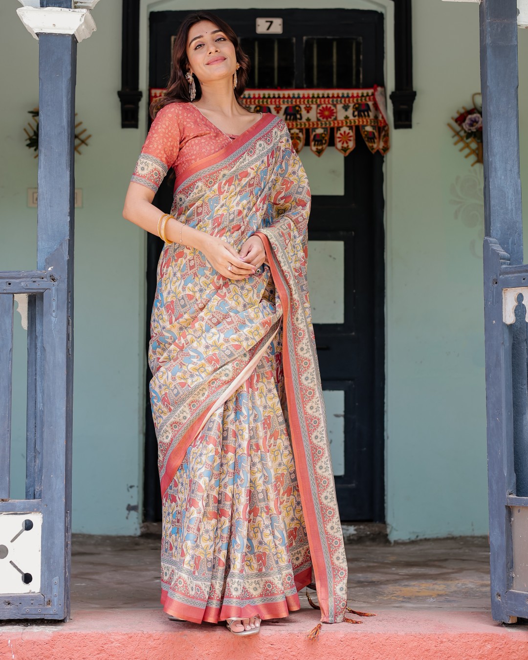 Handloom Cotton Saree with Floral Vine Print & Mythical Madhubani Cow Pallu(Pack of 1)
